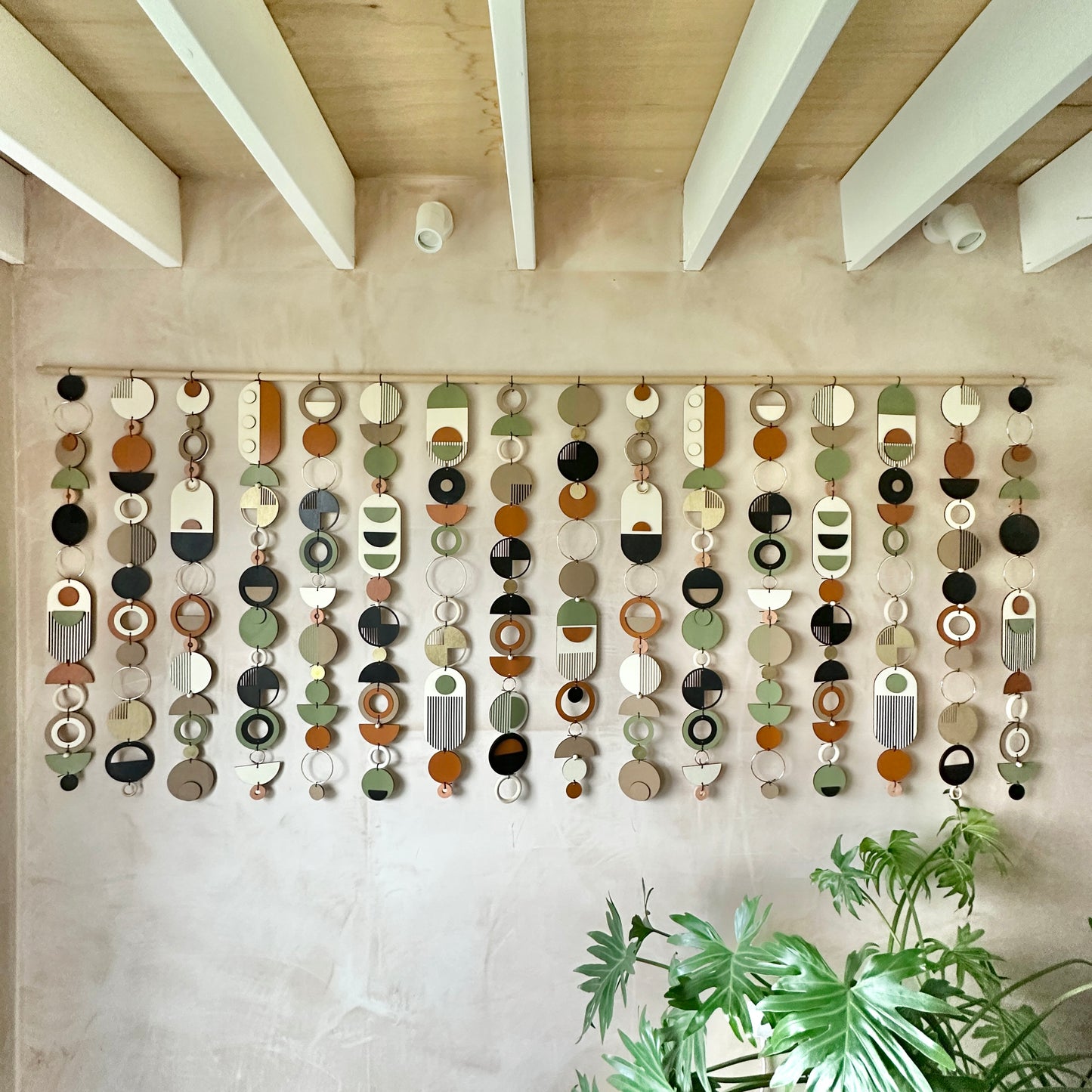 Extra Large Wall Art - Mid Century Modern Decor - Wall Sculpture. Made from plywood geometric shapes, metal components, ceramics and beads. Hand made and painted in a modern mid century style. Measuring 240cm W x 102cm L.