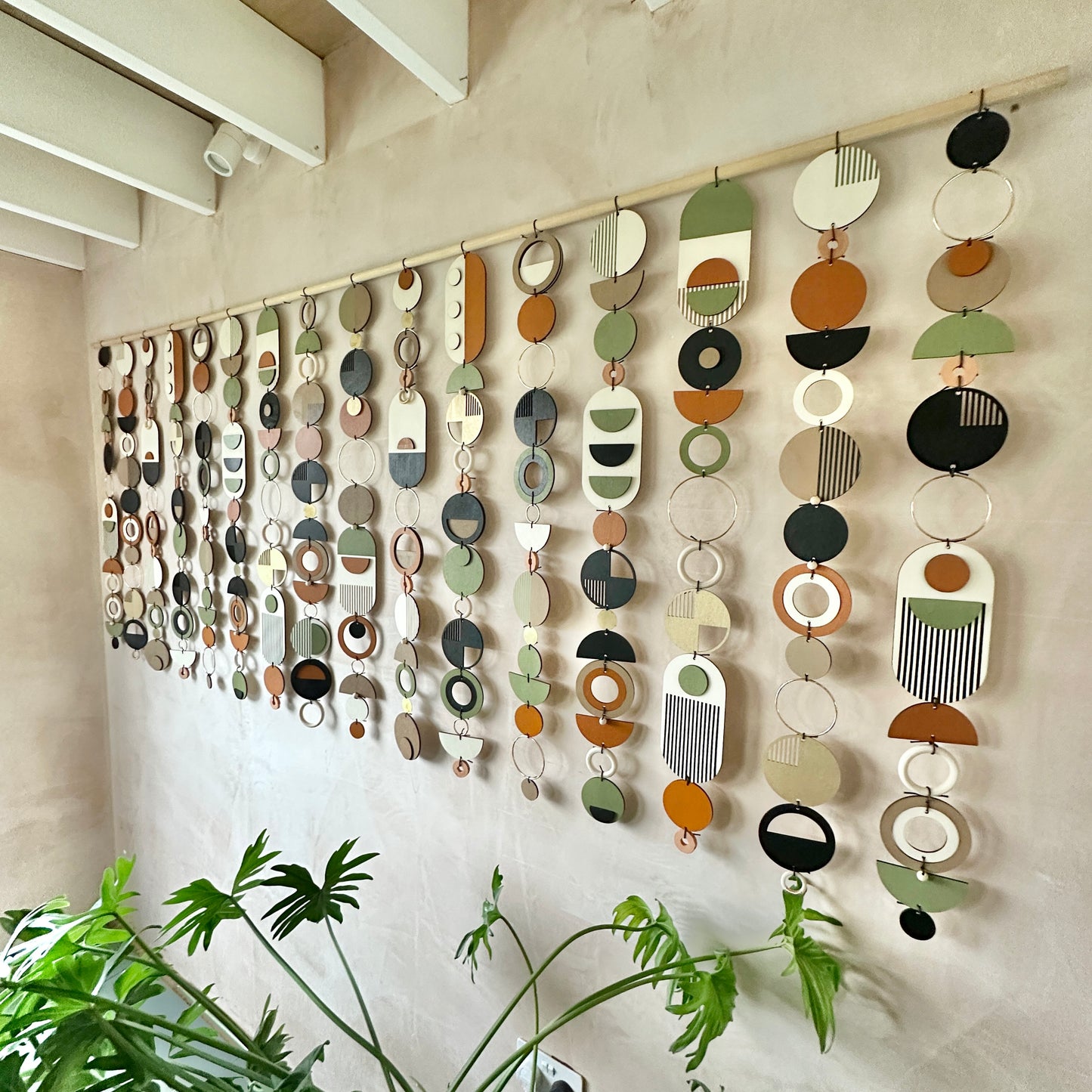 Extra Large Wall Art - Mid Century Modern Decor - Wall Sculpture. Made from plywood geometric shapes, metal components, ceramics and beads. Hand made and painted in a modern mid century style. Measuring 240cm W x 102cm L.