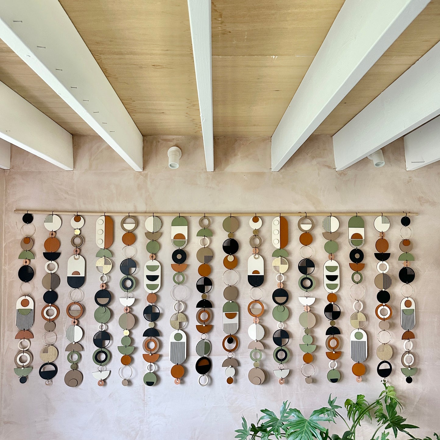 Extra Large Wall Art - Mid Century Modern Decor - Wall Sculpture. Made from plywood geometric shapes, metal components, ceramics and beads. Hand made and painted in a modern mid century style. Measuring 240cm W x 102cm L.