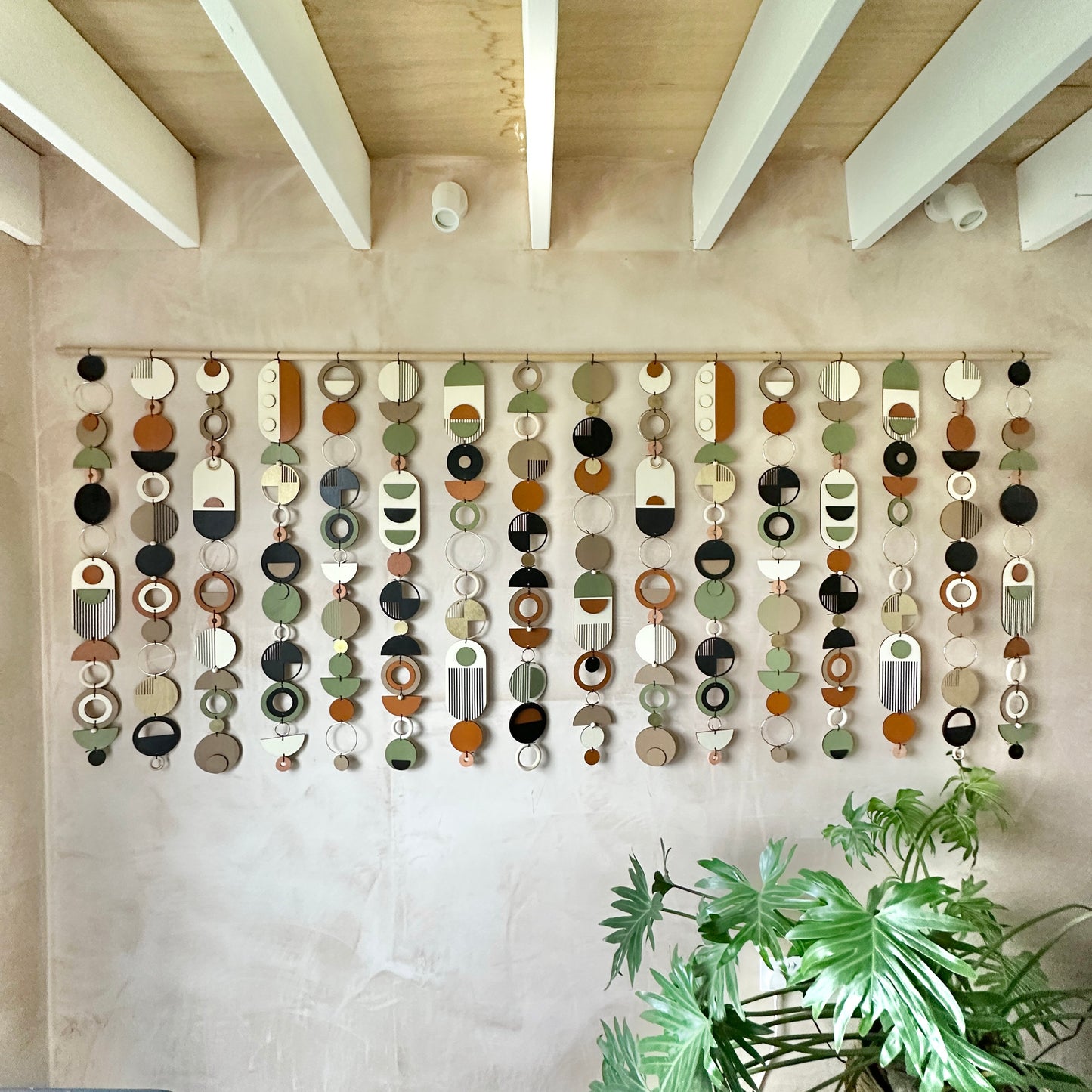 Extra Large Wall Art - Mid Century Modern Decor - Wall Sculpture. Made from plywood geometric shapes, metal components, ceramics and beads. Hand made and painted in a modern mid century style. Measuring 240cm W x 102cm L.