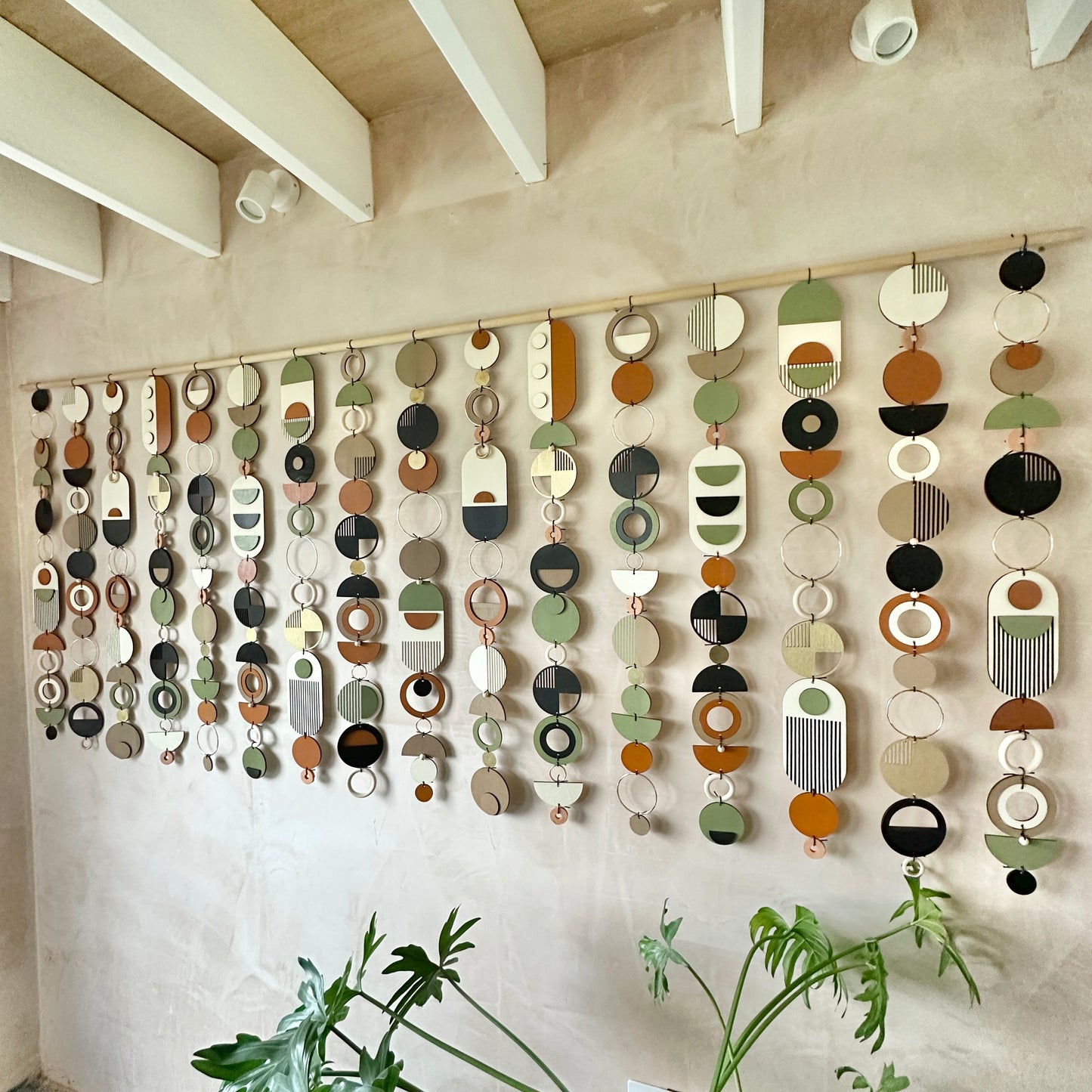 Extra Large Wall Art - Mid Century Modern Decor - Wall Sculpture. Made from plywood geometric shapes, metal components, ceramics and beads. Hand made and painted in a modern mid century style. Measuring 240cm W x 102cm L.