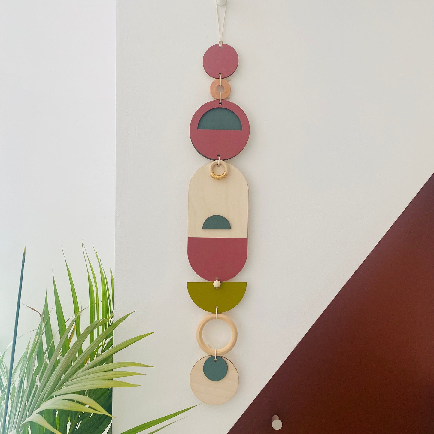 Medium Sunset Modern Art Wood Wall Hanging - Green - Red - Blue - Pink - Brown - Neutral - Colourful Wooden Wall Art