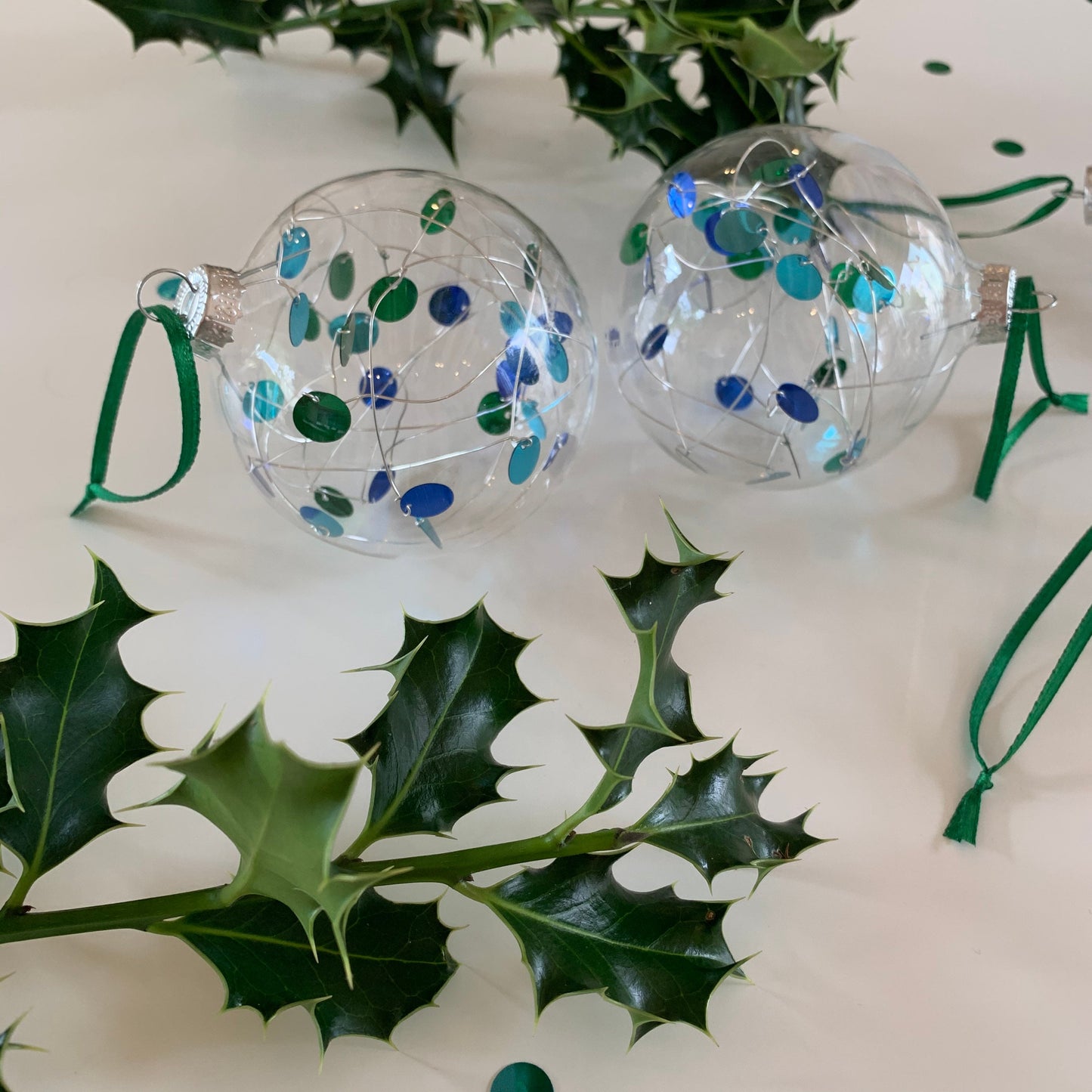 6 Sequin Mermaid Baubles - Glass Ornament - Christmas Tree Decoration - Clear Glass Xmas - Hand tied Sequins - Blue Baubles - Green - 7cm