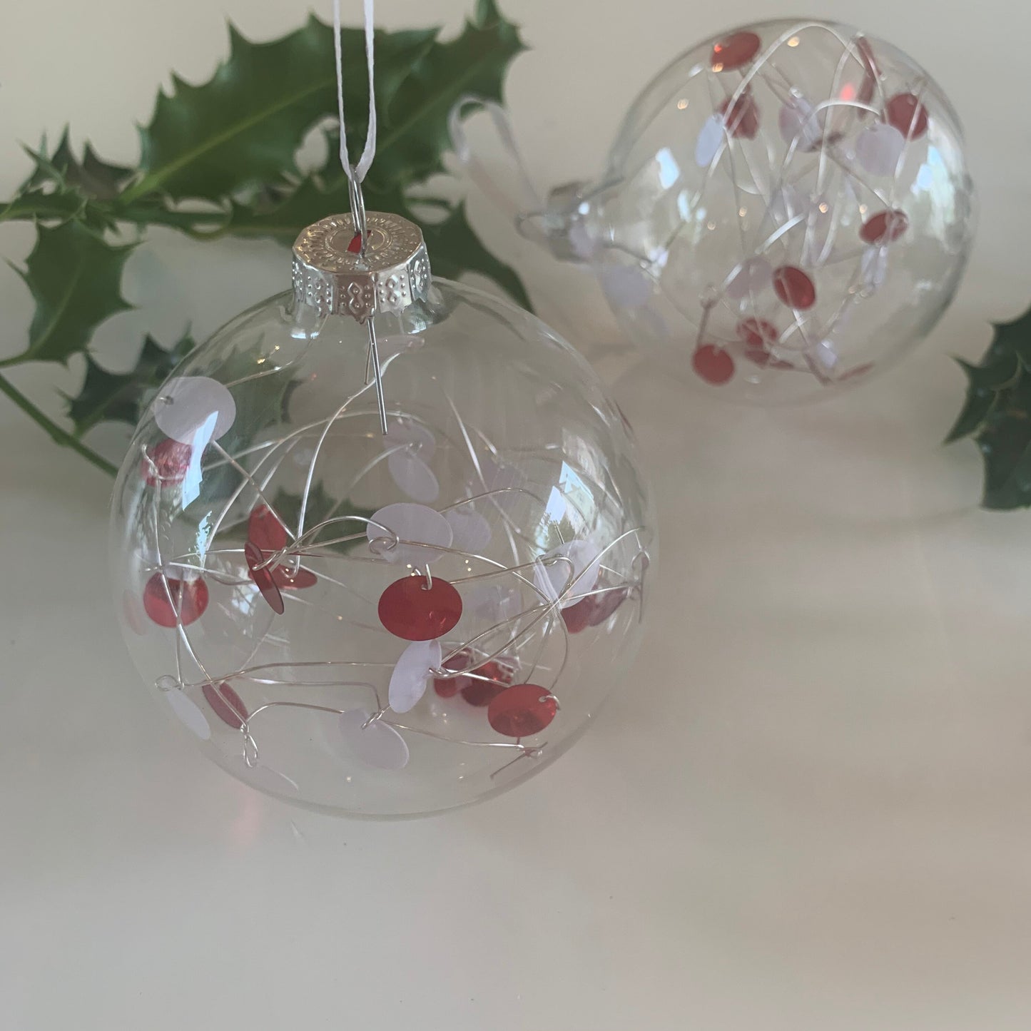 6 Sequin Candy Cane Baubles - Glass Ornament - Christmas Tree Decoration - Clear Glass Xmas - Hand tied Sequins - Red and White decor - 7cm