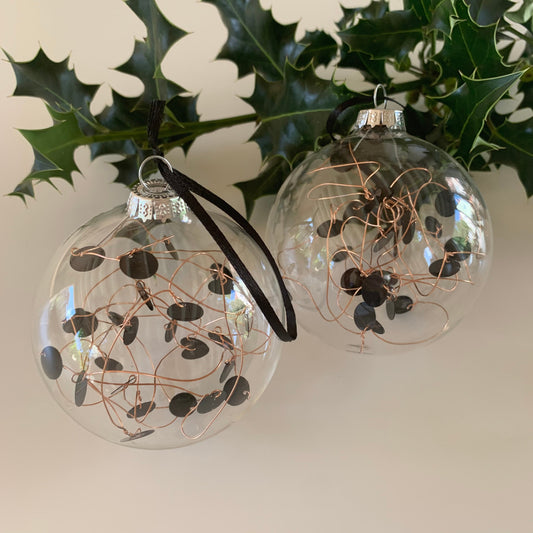 6 Black Sequin Baubles - Glass Ornament - Christmas Tree Decoration - Clear Glass Xmas - Hand tied Sequins - Black and Copper - 7cm