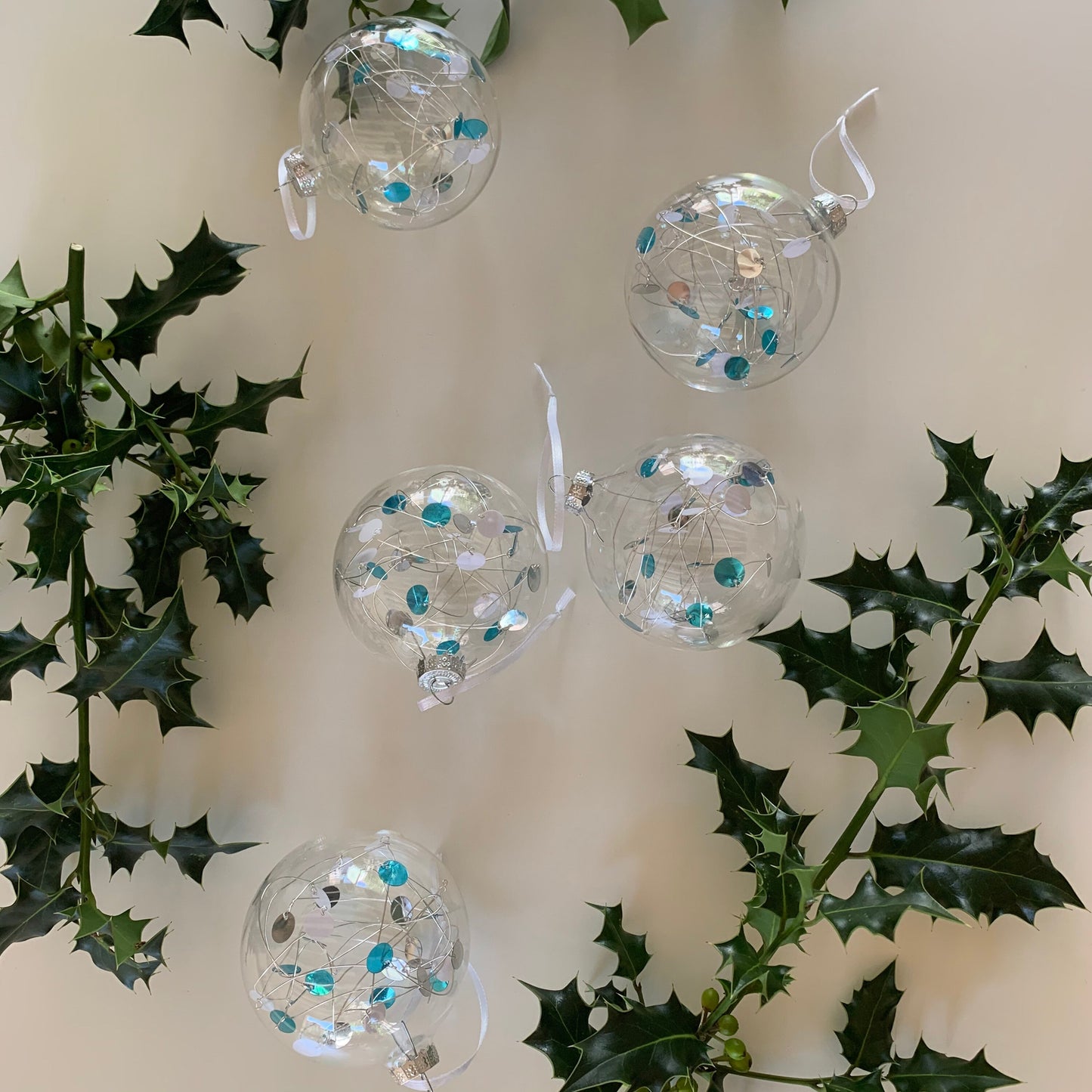6 Ice Blue Sequin Baubles - Glass Ornament - Christmas Tree Decoration - Clear Glass Xmas - Hand tied Sequins - pink, white and Silver - 7cm