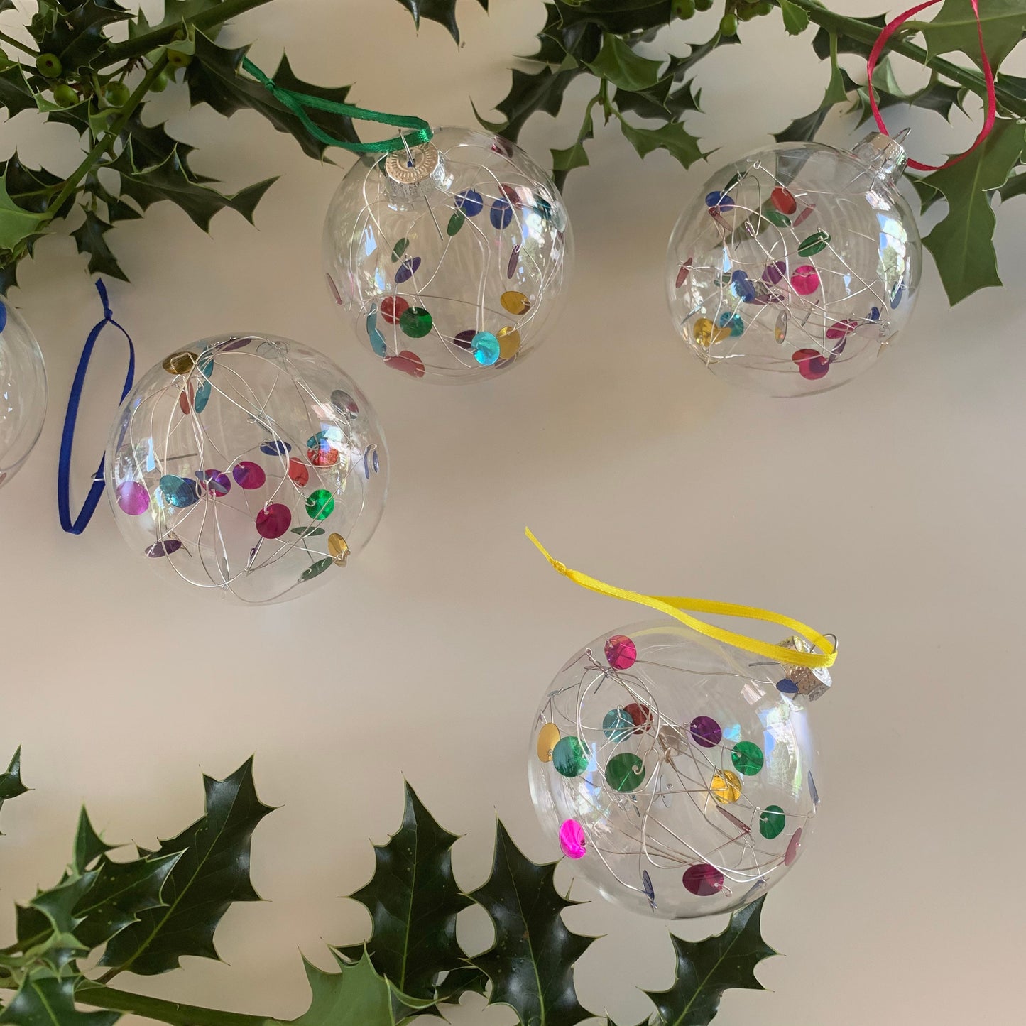 6 Sequin Rainbow Baubles - Glass Ornament - Christmas Tree Decoration - Clear Glass Xmas - Hand tied Sequins - Multicoloured - 7cm