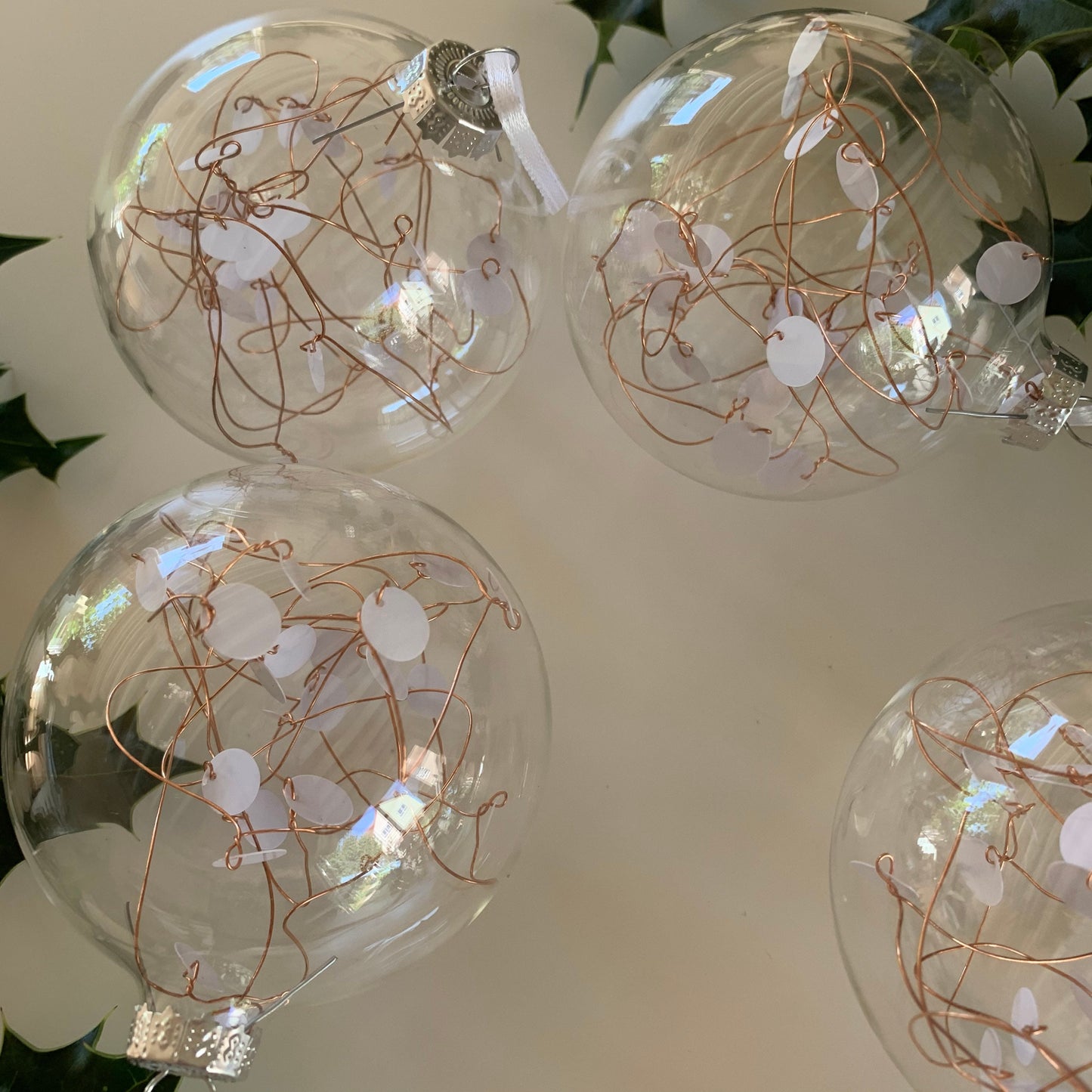 6 White Sequin Baubles - Glass Ornament - Christmas Tree Decoration - Clear Glass Xmas - Hand tied Sequins - White and Copper - 7cm