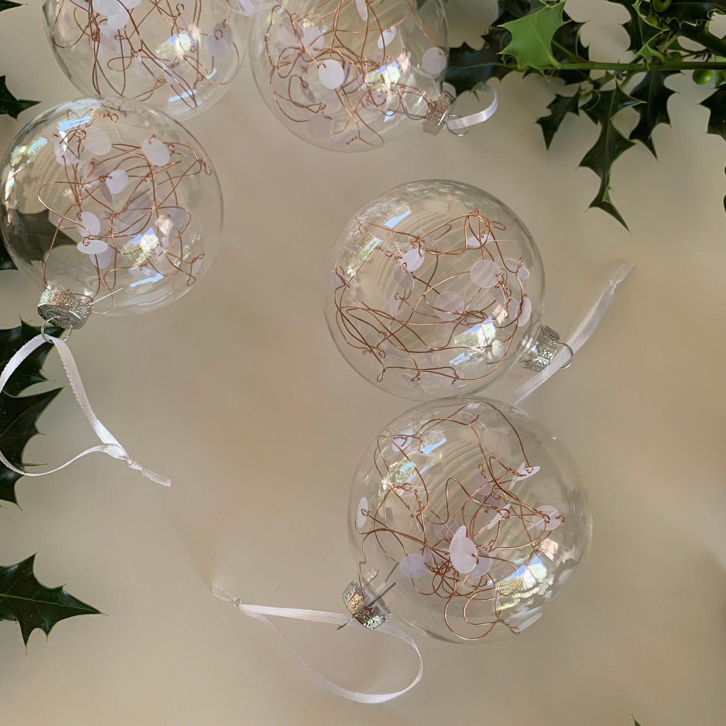 6 White Sequin Baubles - Glass Ornament - Christmas Tree Decoration - Clear Glass Xmas - Hand tied Sequins - White and Copper - 7cm