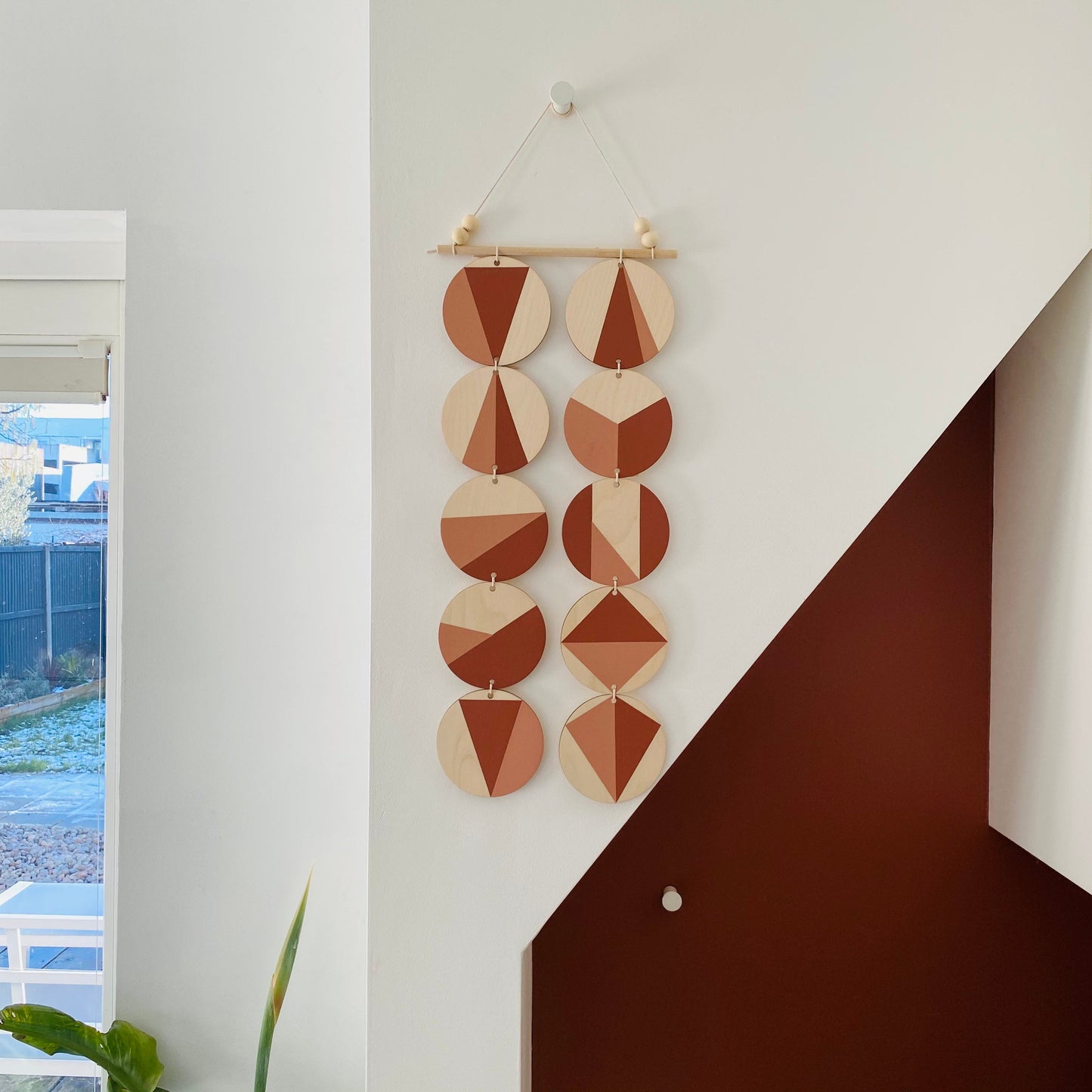 Wall hanging - Natural Geometric Plywood - Scandi Hygge Boho - Wall Hanging - Wall Art - Dark Terracotta and Dusky Pink Wall Art