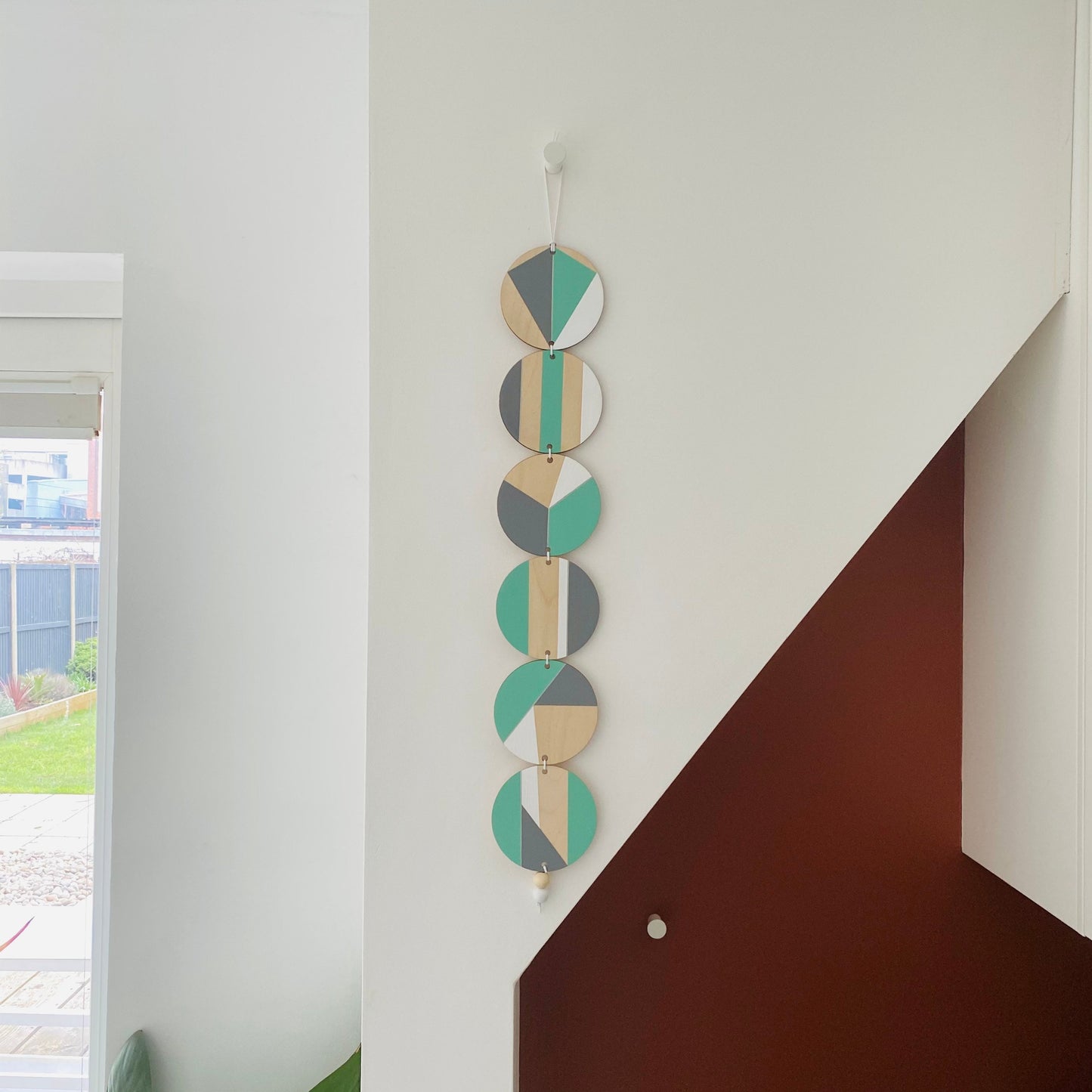 Wall hanging - Colourful Geometric Plywood - Scandi Hygge Boho - Wall Hanging - Wall Art multi - Neon Mint, White and Grey Decor