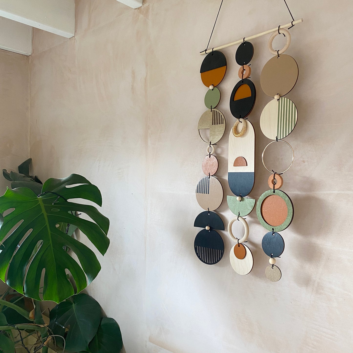 Geometric Wood Wall Art - Unique Handmade Minimal Home Decor - Trendy New Home Centre Piece - Long Tapestry Wall Hanging