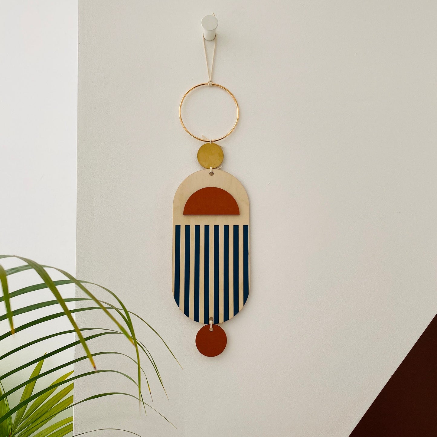 Small Wall Hanging - Modern Wall Art - Contemporary Home Decor - Brass Wall Art - Blue and Red Decor - Wood Decor - Hanging Wall Art