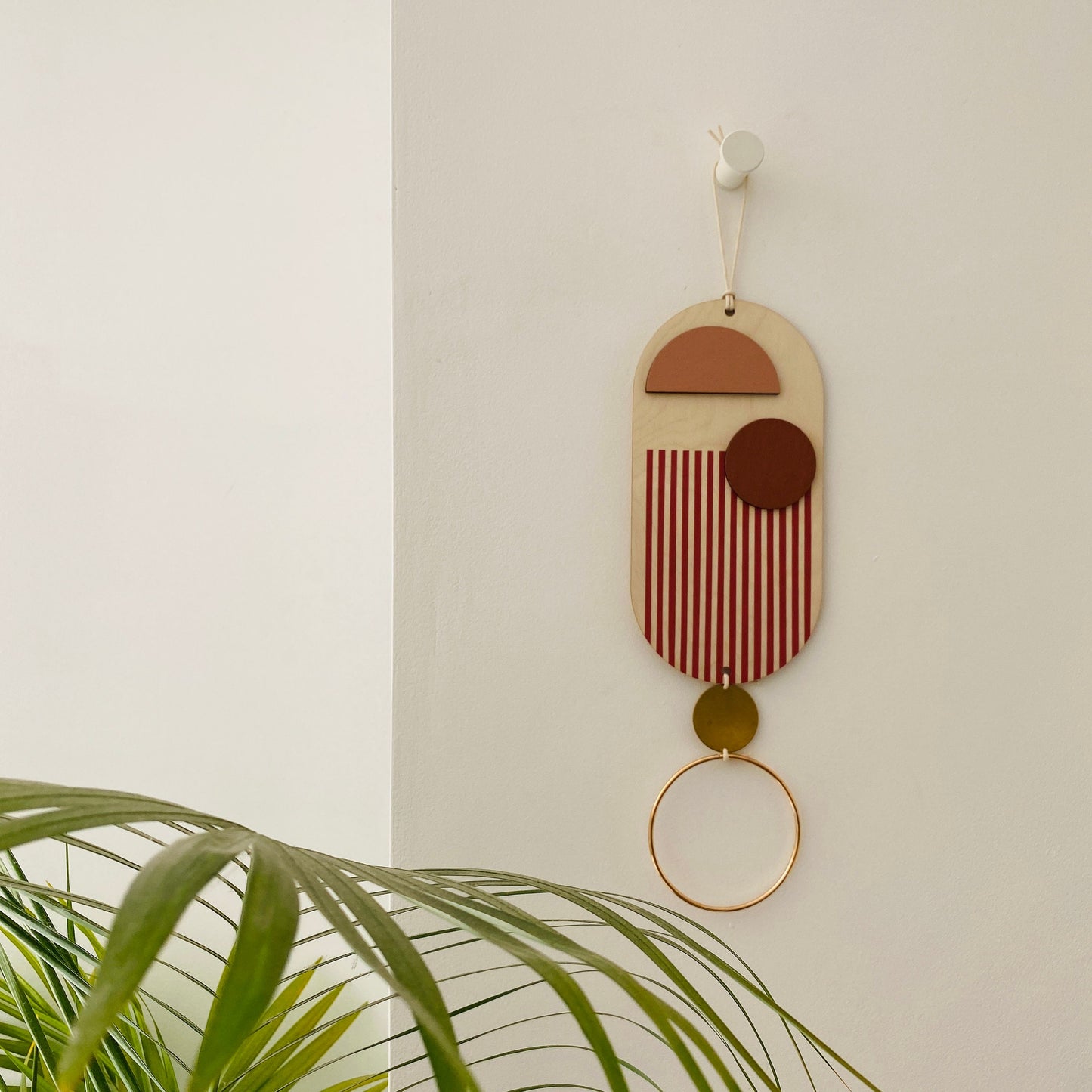 Small Wall Hanging - Modern Wall Art - Contemporary Home Decor - Brass Wall Art - Pink and Red Decor - Wood Decor - Hanging Wall Art
