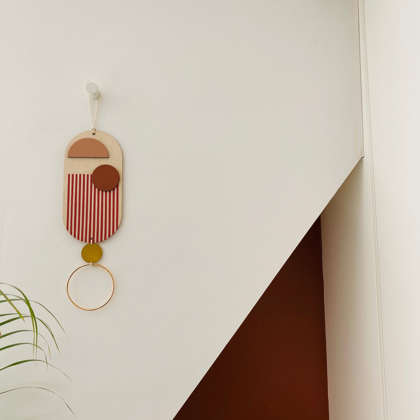 Small Wall Hanging - Modern Wall Art - Contemporary Home Decor - Brass Wall Art - Pink and Red Decor - Wood Decor - Hanging Wall Art