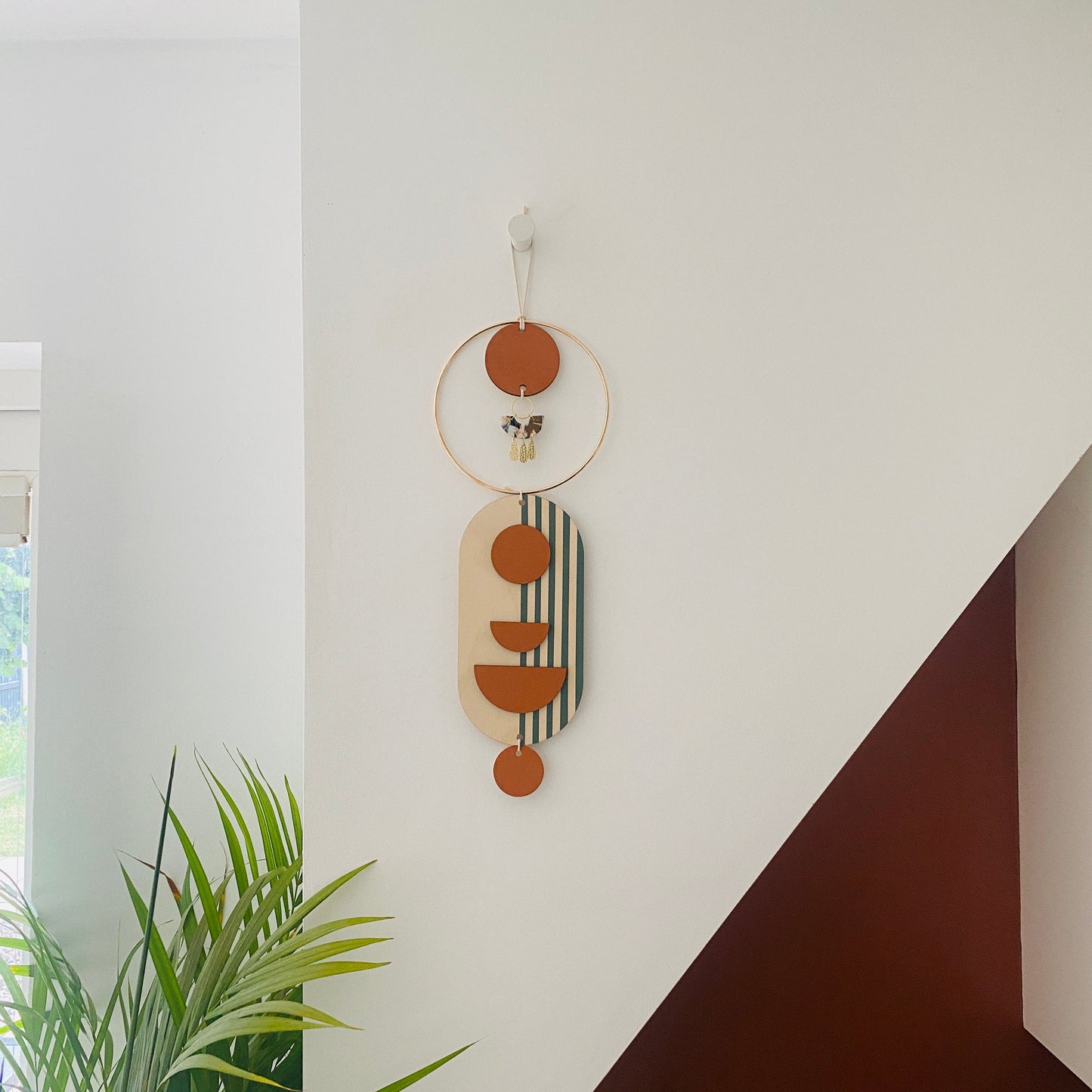 Small Wall Hanging - Modern Wall Art - Contemporary Home Decor - Brass Wall Art - Blue and Red Decor - Wood Decor - Hanging Wall Art