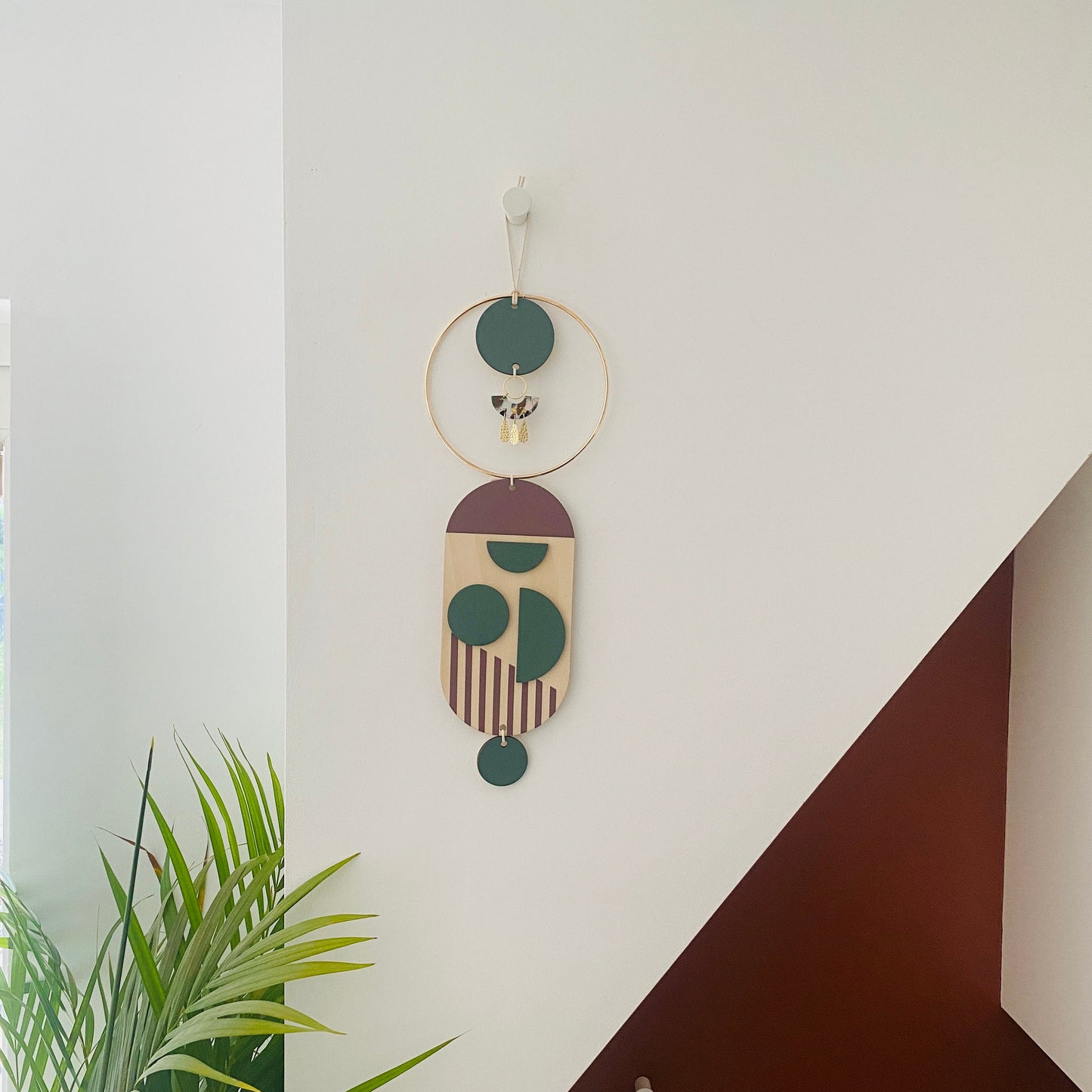 Small Wall Hanging - Modern Wall Art - Contemporary Home Decor - Brass Wall Art - Blue and Red Decor - Wood Decor - Hanging Wall Art