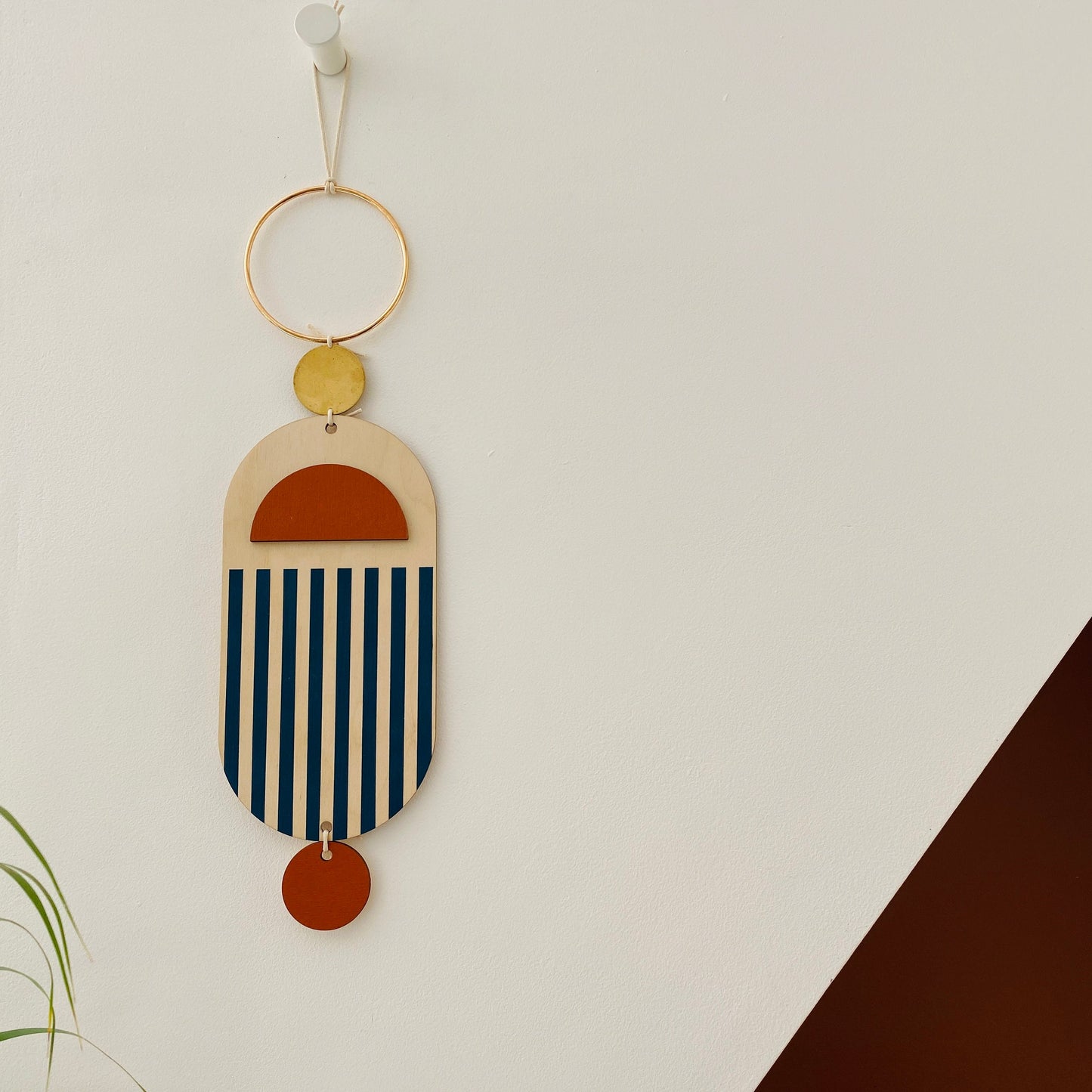 Small Wall Hanging - Modern Wall Art - Contemporary Home Decor - Brass Wall Art - Blue and Red Decor - Wood Decor - Hanging Wall Art