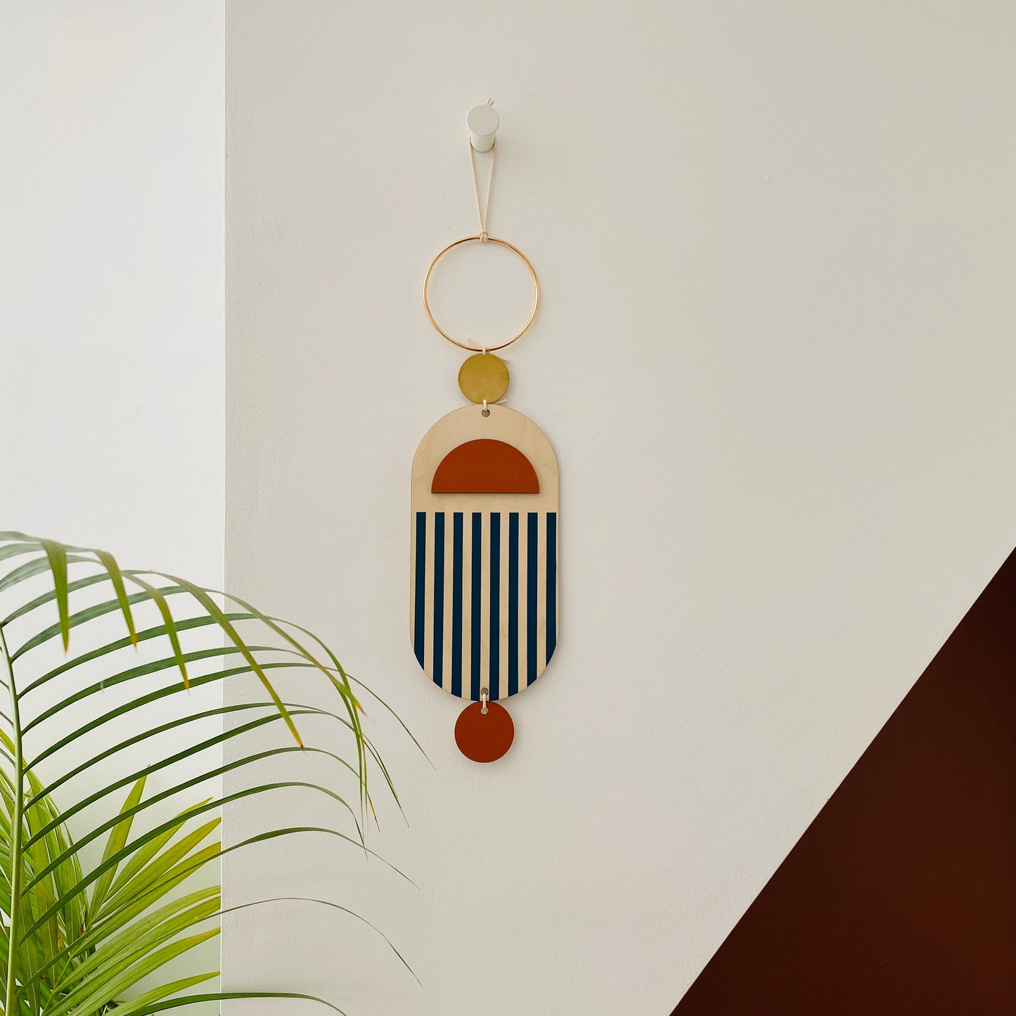 Small Wall Hanging - Modern Wall Art - Contemporary Home Decor - Brass Wall Art - Blue and Red Decor - Wood Decor - Hanging Wall Art