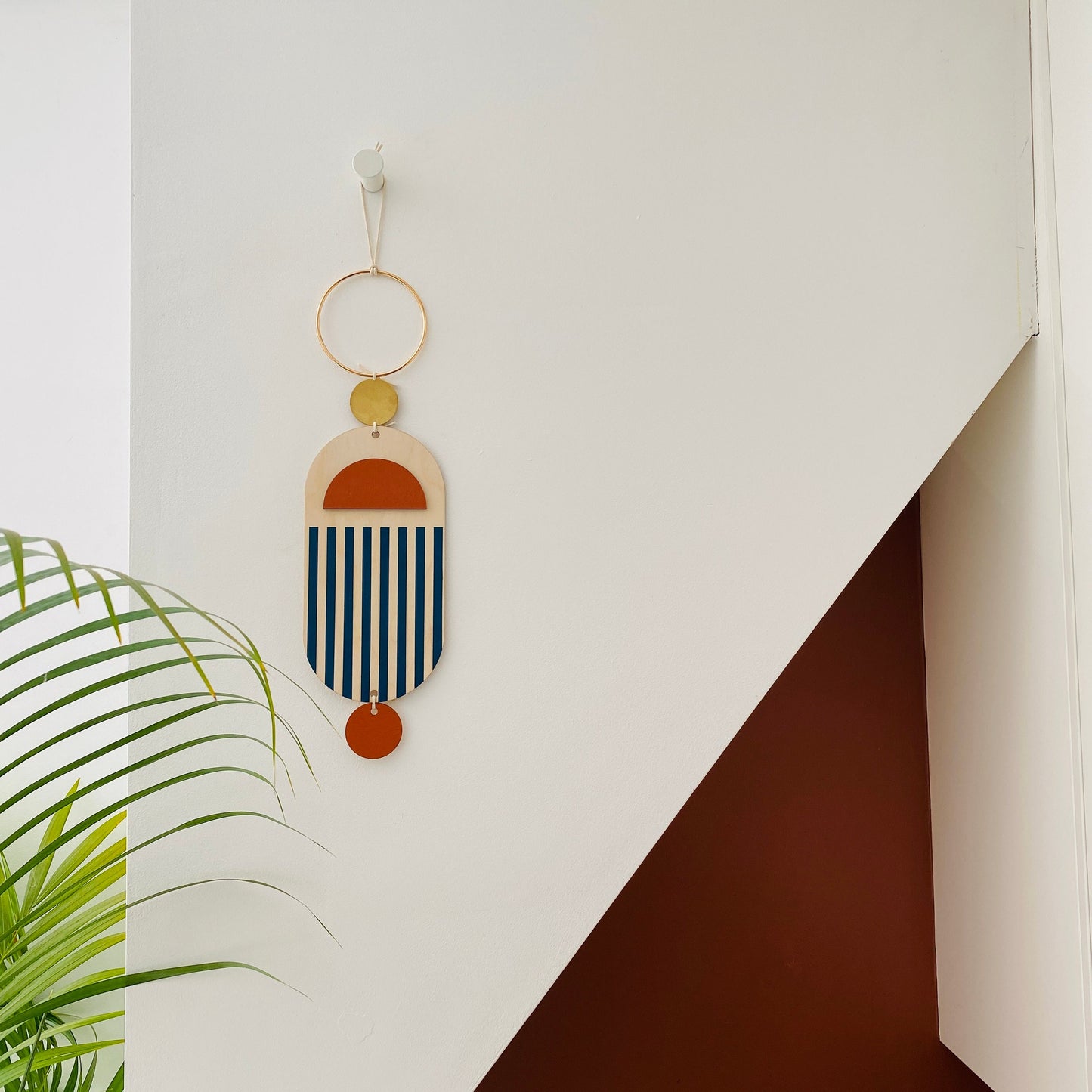 Small Wall Hanging - Modern Wall Art - Contemporary Home Decor - Brass Wall Art - Blue and Red Decor - Wood Decor - Hanging Wall Art