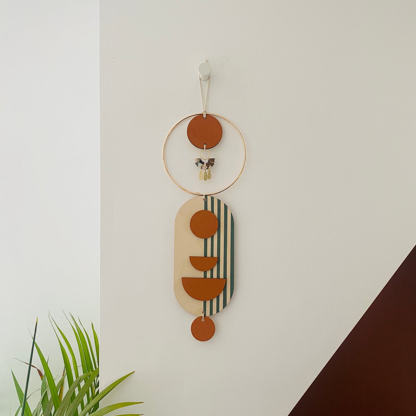 Small Wall Hanging - Modern Wall Art - Contemporary Home Decor - Brass Wall Art - Blue and Red Decor - Wood Decor - Hanging Wall Art