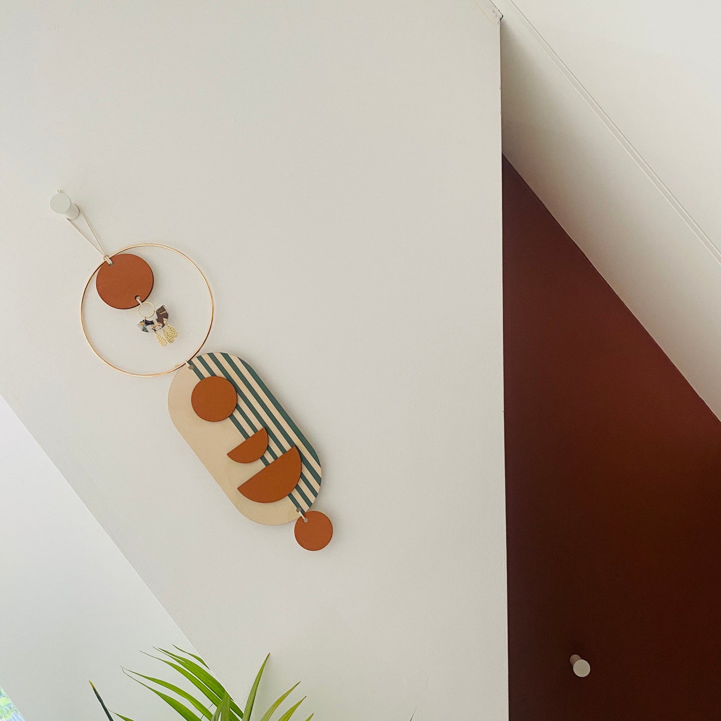 Small Wall Hanging - Modern Wall Art - Contemporary Home Decor - Brass Wall Art - Blue and Red Decor - Wood Decor - Hanging Wall Art