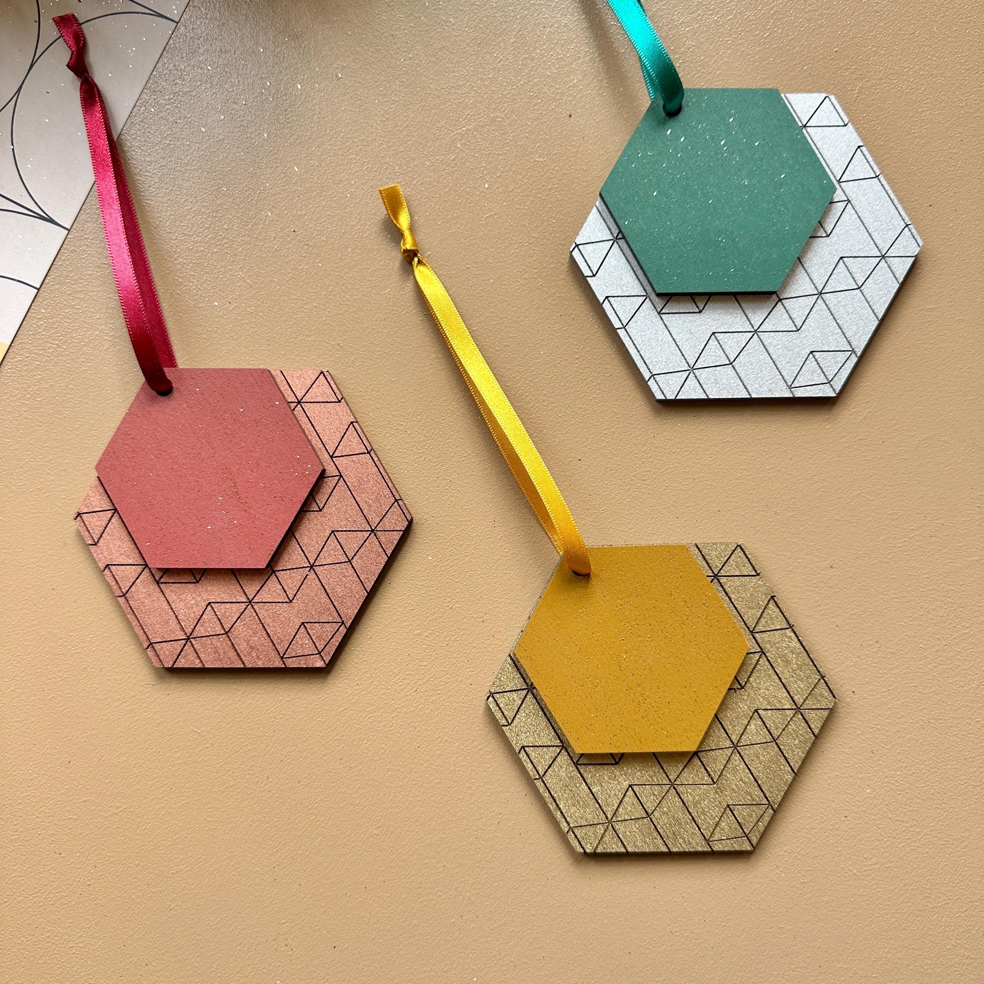 Sets of Christmas Decorations - Geometric Wooden Ornament - Tree Ornament - Holiday Decor