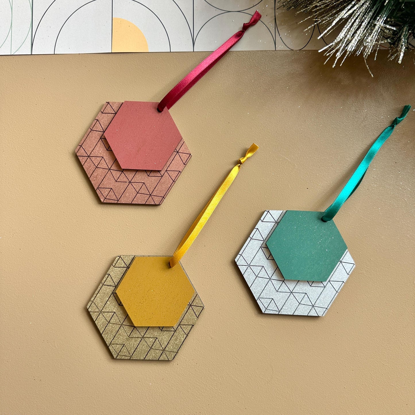 Sets of Christmas Decorations - Geometric Wooden Ornament - Tree Ornament - Holiday Decor