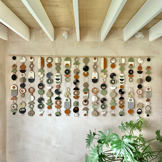 Extra Large Wall Art - Mid Century Modern Decor - Wall Sculpture. Made from plywood geometric shapes, metal components, ceramics and beads. Hand made and painted in a modern mid century style. Measuring 240cm W x 102cm L.