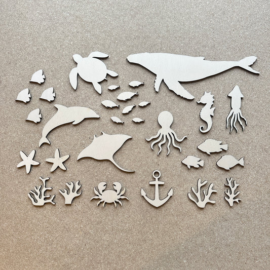 Wooden Ocean Creatures Cut-out Shapes - Kids Room Ideas - 4mm Plywood - Sea Creatures - Animal Painting and Crafting Ideas