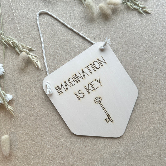Imagination is Key - Hanging Word and Image Plaque - Plywood Quote Plaque - Wooden Wall Decor - Laser Engraved Plaque