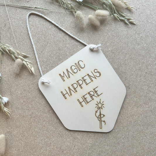 Magic Happens Here - Hanging Word and Image Plaque - Plywood Quote Plaque - Wooden Wall Decor - Laser Engraved Plaque