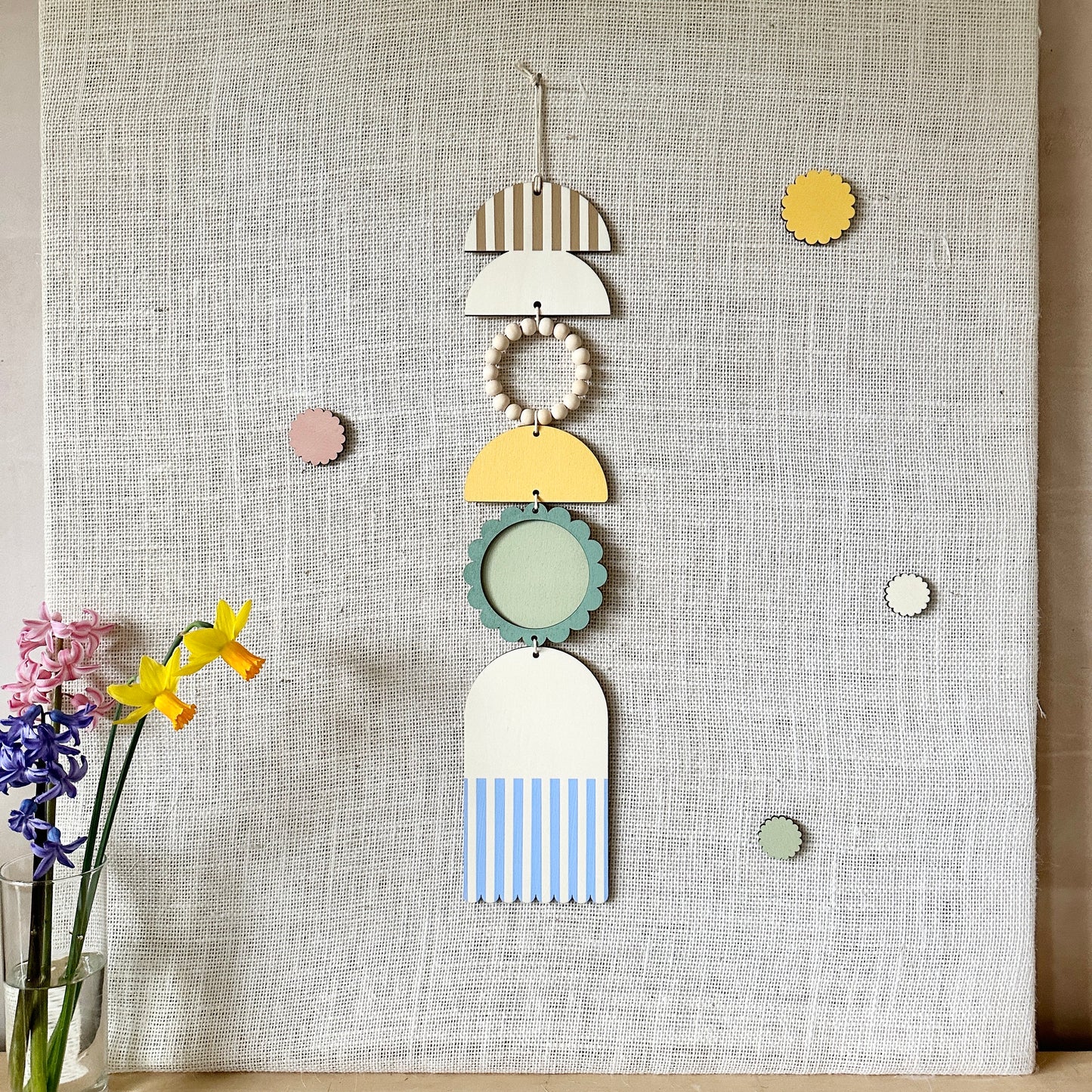 Spring 2024 Wall Hanging - Blue Stripe Art - Muted Fun Decor - Floral Wall Hanging - Minimalist Lines Art - Handmade Wall Hanging - New Home