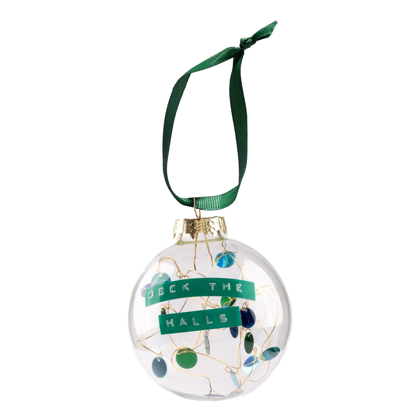 A glass bauble with green and blue sequins on gold wire with a green ribbon to hang it from. With a personalised message embossed on green tape.