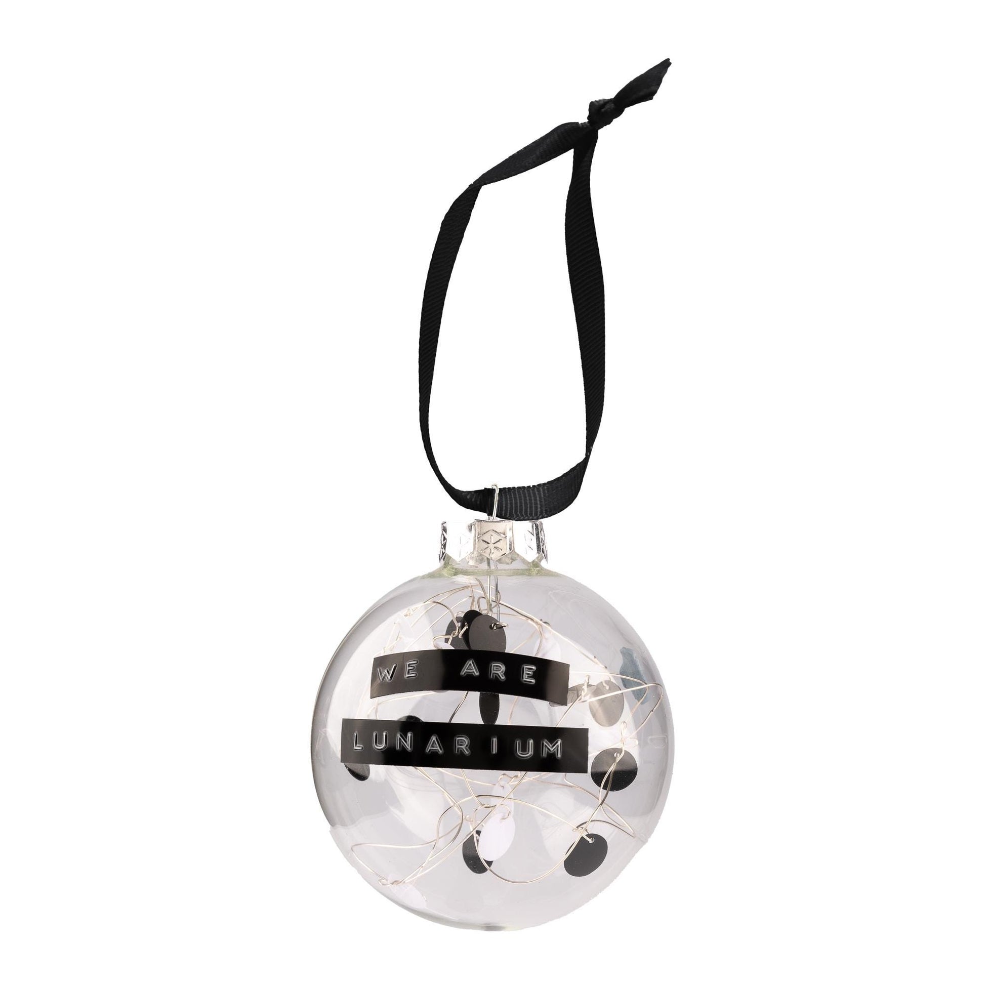 Bauble with a personalised message written on it. The inside has black and white sequins hand tied on silver wire.