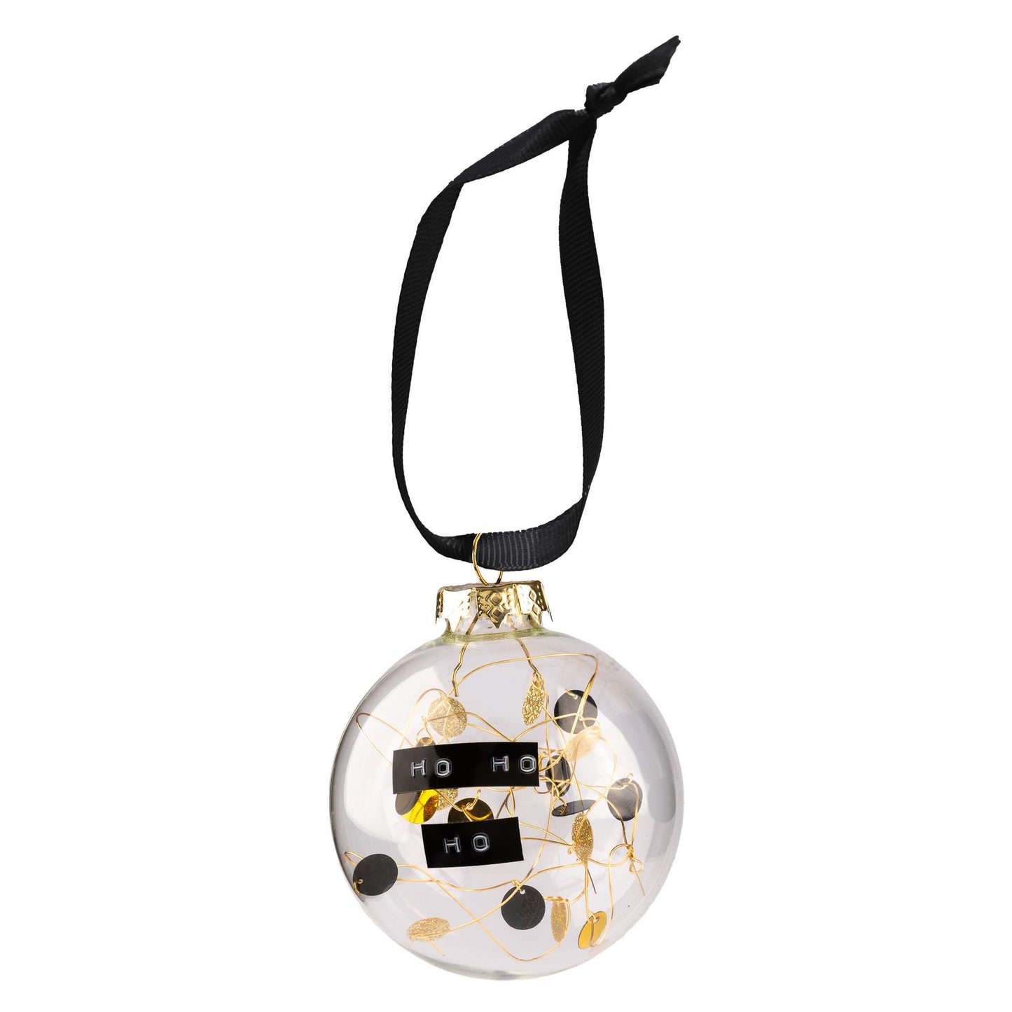 Glass baubles with gold, glitter gold and black sequins on gold wire inside with a black ribbon to hang it from. With a personalised message embossed on black tape.