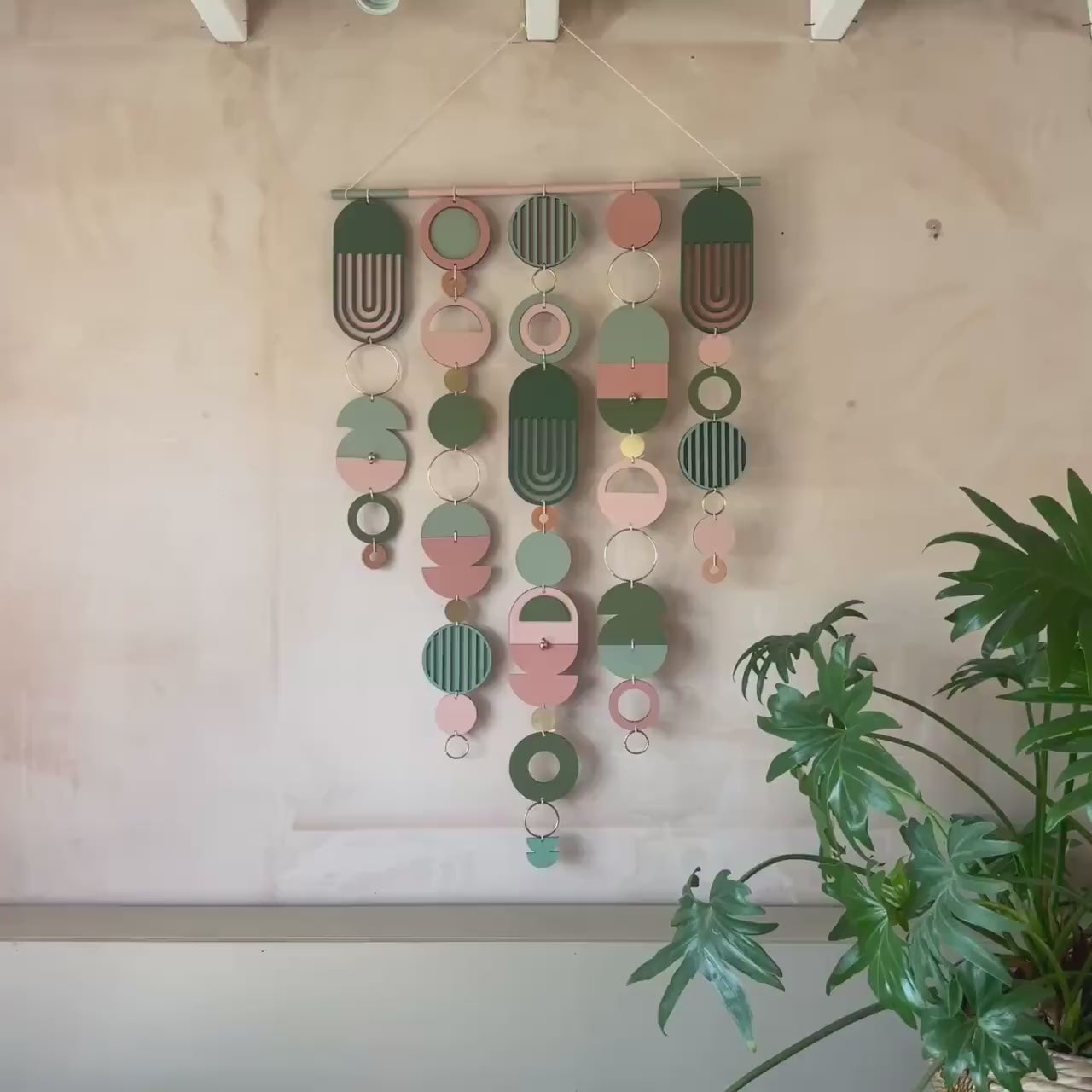 Large MCM Green & Pink Wall Art - Mid-Century Home Decor