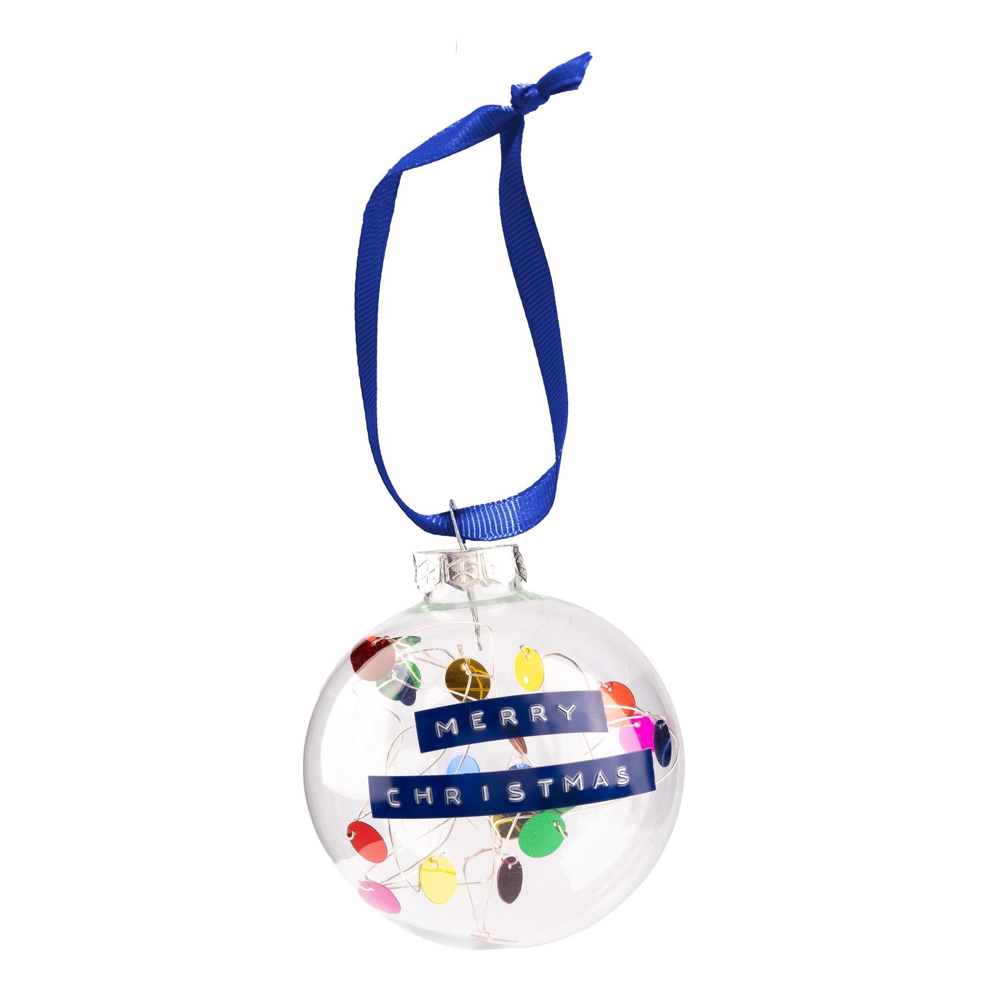 Glass baubles with a rainbow colour palette of sequins on silver wire inside with a blue ribbon to hang it from. With a personalised message embossed on blue tape.