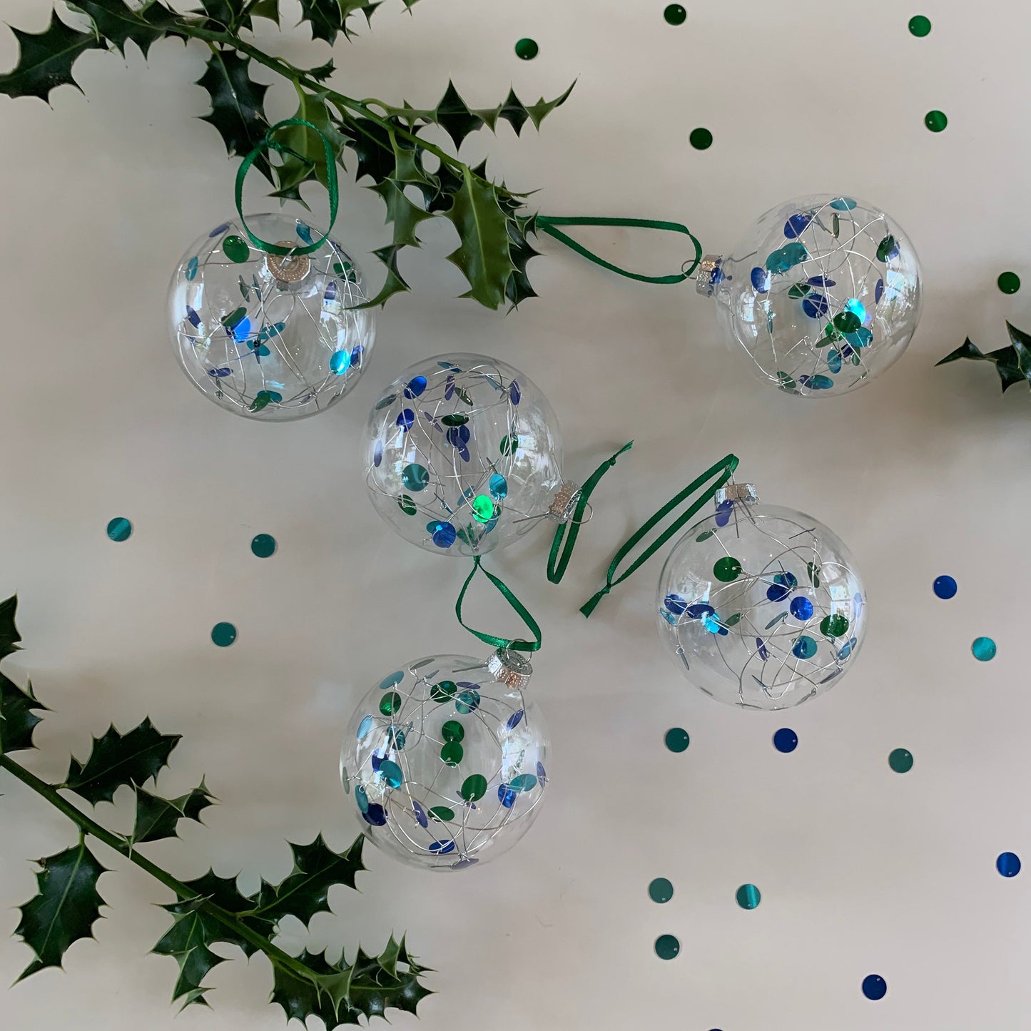 6 Sequin Mermaid Baubles - Glass Ornament - Christmas Tree Decoration - Clear Glass Xmas - Hand tied Sequins - Blue Baubles - Green - 7cm