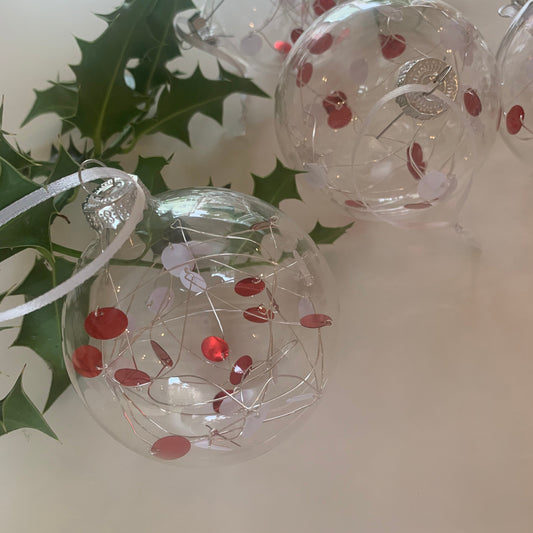 6 Sequin Candy Cane Baubles - Glass Ornament - Christmas Tree Decoration - Clear Glass Xmas - Hand tied Sequins - Red and White decor - 7cm