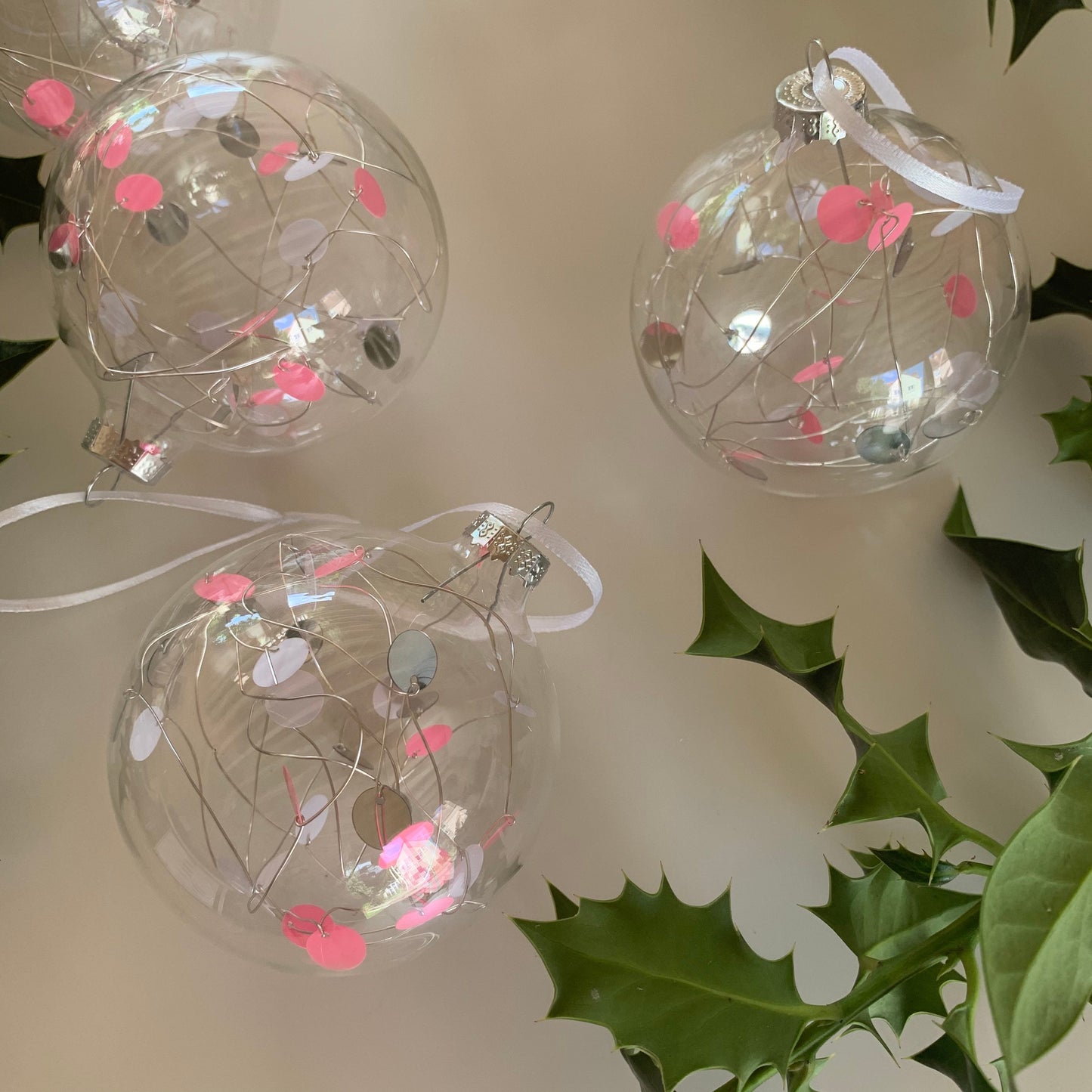6 Sequin Unicorn Baubles - Glass Ornament - Christmas Tree Decoration - Clear Glass Xmas - Hand tied Sequins - Pink & White - 7cm
