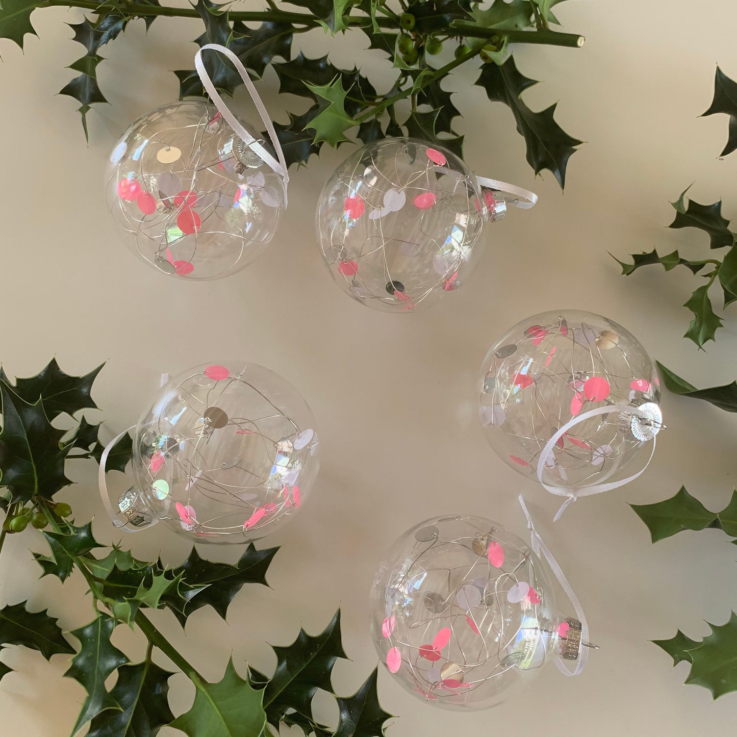 6 Sequin Unicorn Baubles - Glass Ornament - Christmas Tree Decoration - Clear Glass Xmas - Hand tied Sequins - Pink & White - 7cm