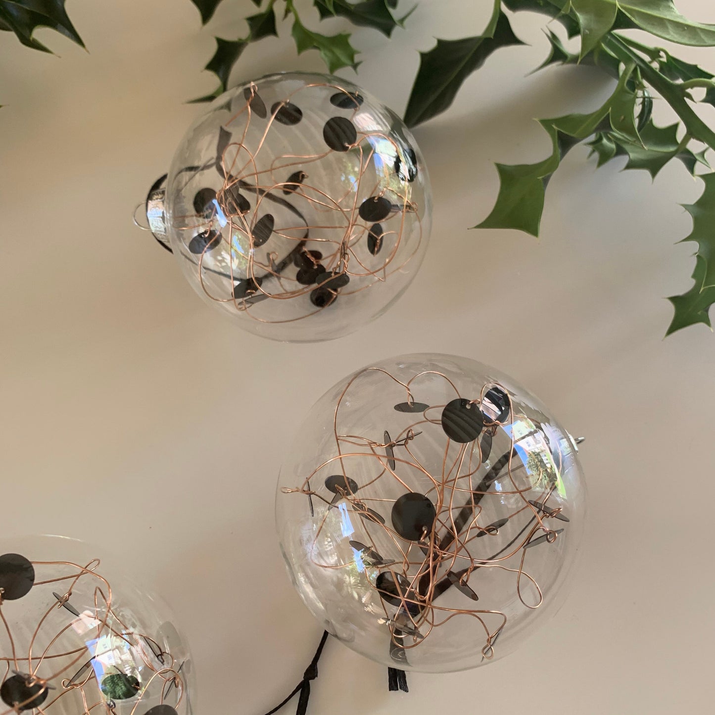 6 Black Sequin Baubles - Glass Ornament - Christmas Tree Decoration - Clear Glass Xmas - Hand tied Sequins - Black and Copper - 7cm