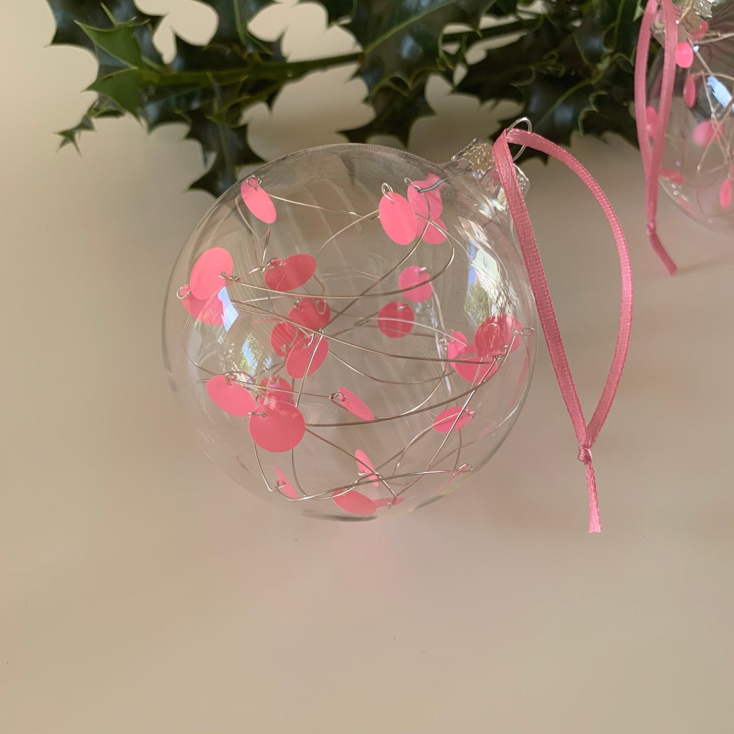 6 Pink Sequin Baubles - Glass Ornament - Christmas Tree Decoration - Clear Glass Xmas - Hand tied Sequins - Pink and Silver - 7cm