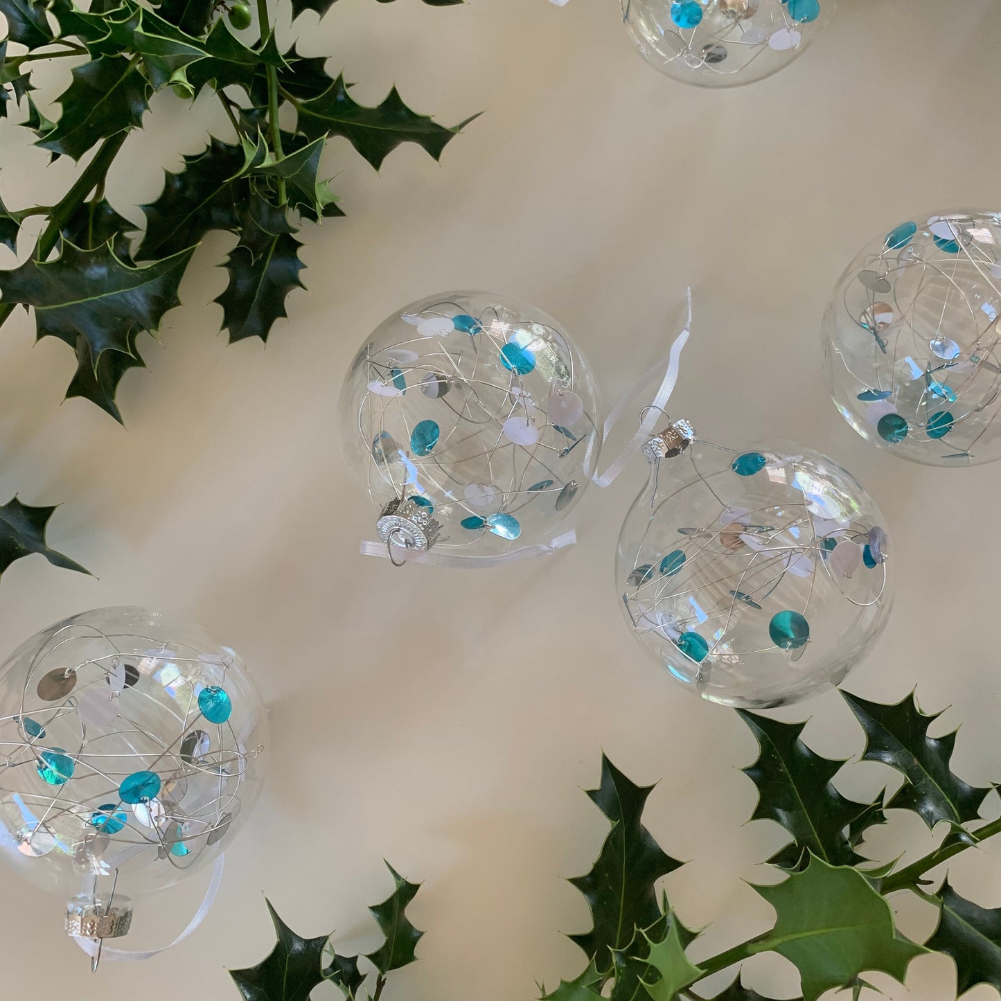 6 Ice Blue Sequin Baubles - Glass Ornament - Christmas Tree Decoration - Clear Glass Xmas - Hand tied Sequins - pink, white and Silver - 7cm