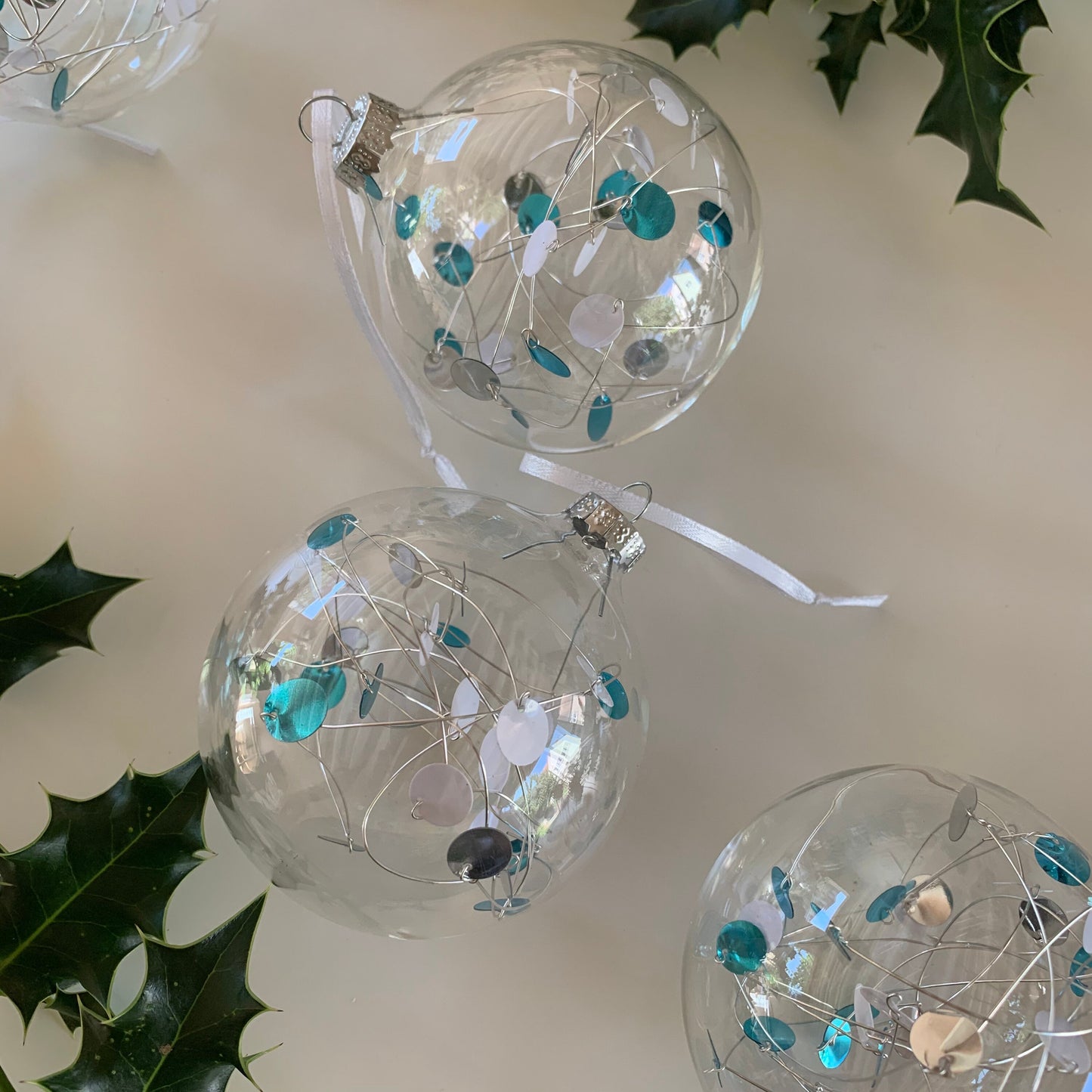 6 Ice Blue Sequin Baubles - Glass Ornament - Christmas Tree Decoration - Clear Glass Xmas - Hand tied Sequins - pink, white and Silver - 7cm