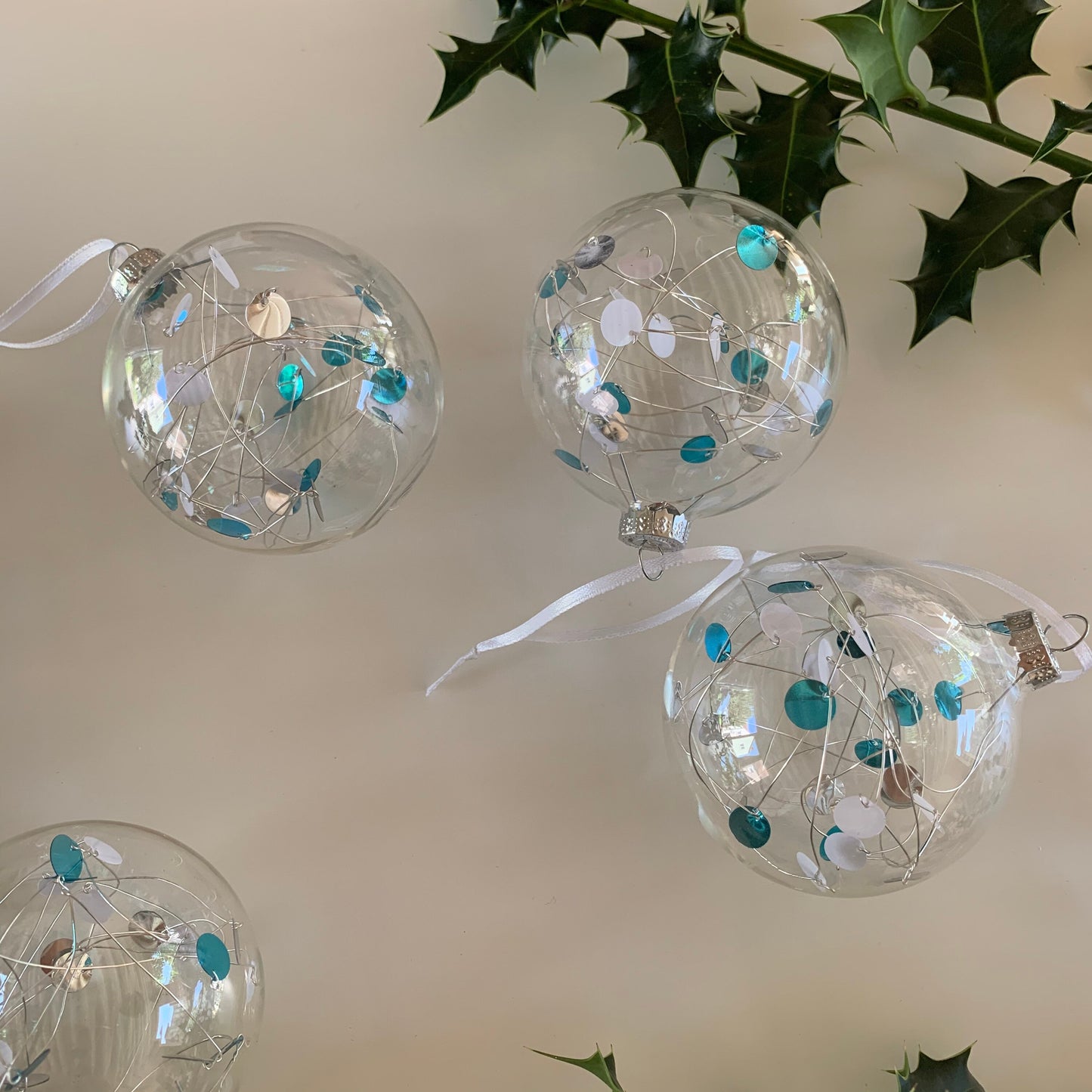 6 Ice Blue Sequin Baubles - Glass Ornament - Christmas Tree Decoration - Clear Glass Xmas - Hand tied Sequins - pink, white and Silver - 7cm