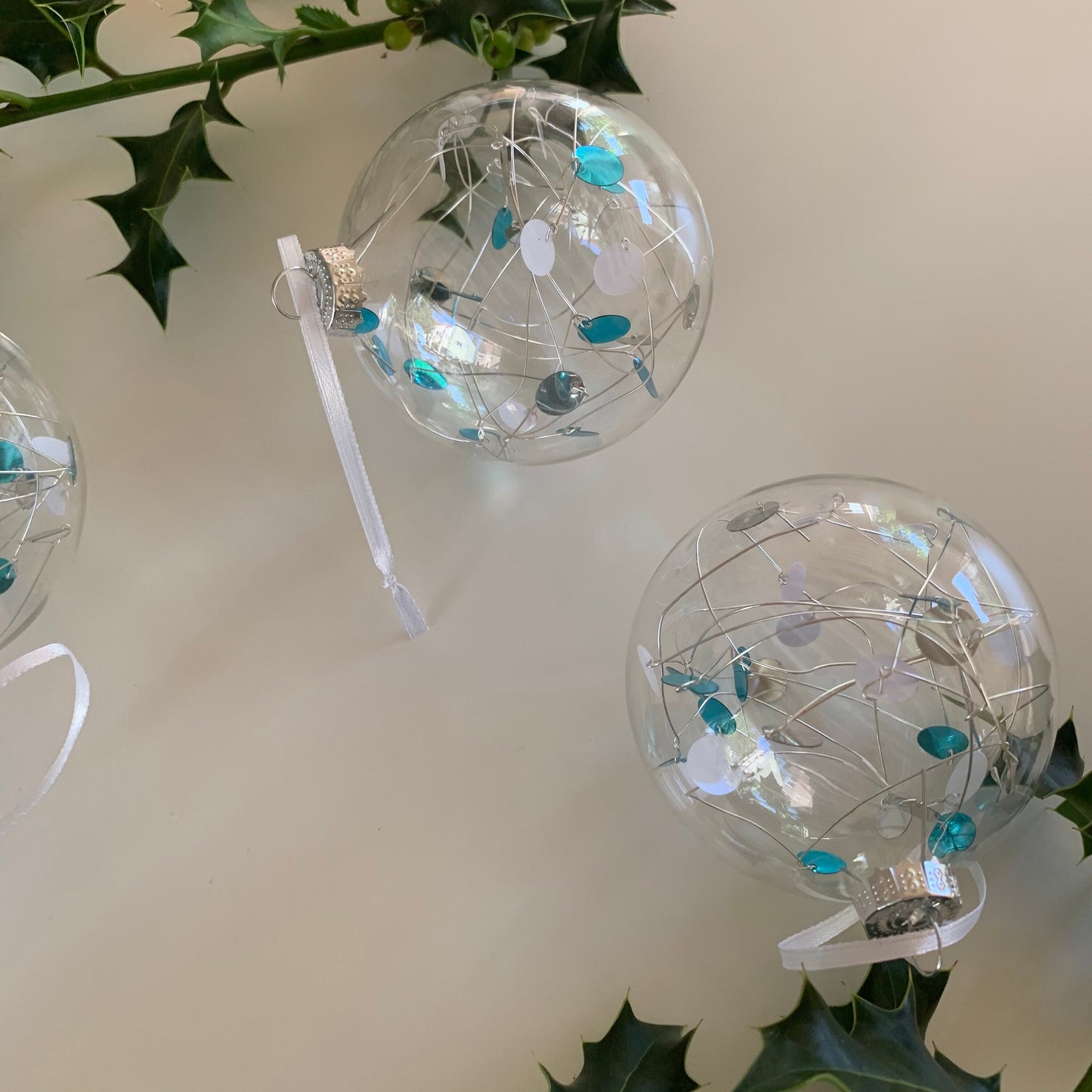 6 Ice Blue Sequin Baubles - Glass Ornament - Christmas Tree Decoration - Clear Glass Xmas - Hand tied Sequins - pink, white and Silver - 7cm