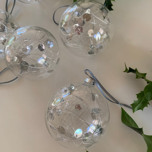 6 Silver Sequin Baubles - Glass Ornament - Christmas Tree Decoration - Clear Glass Xmas - Hand tied Sequins - Silver Bauble - 7cm