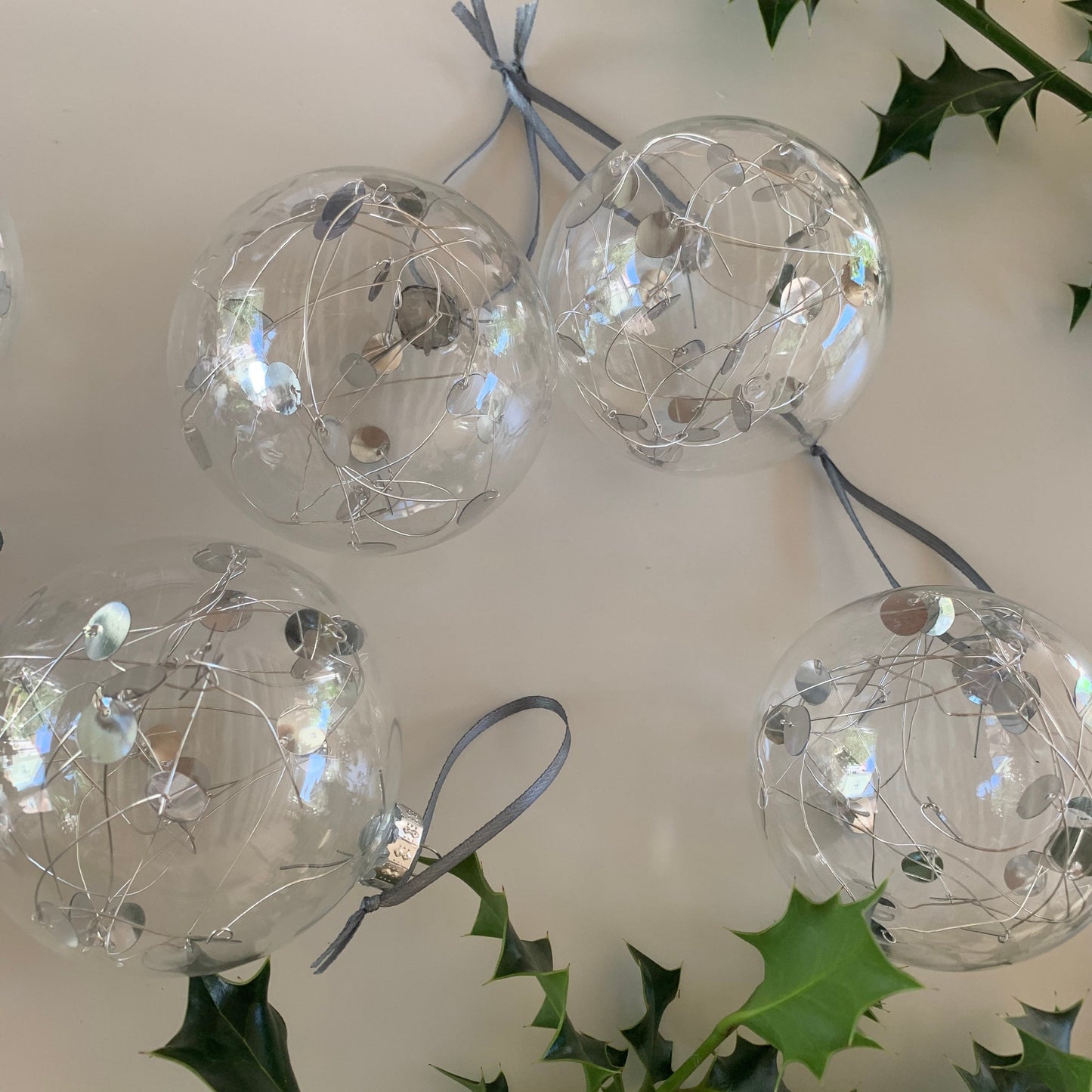 6 Silver Sequin Baubles - Glass Ornament - Christmas Tree Decoration - Clear Glass Xmas - Hand tied Sequins - Silver Bauble - 7cm